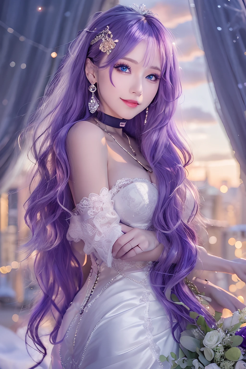 (Masterpiece), (Best quality), In winter, Sunset, Cityscape, (Huge_filesize), (Real), (Realistic), Girl, Long hair, Purple hair, Wavy hair, Makeup , Light smile, Blue eyes, Medium breasts, Wedding_dress, Bare_bshoulders, white thighhighs, Earrings, jewelry, Black choker , necklace, Turning around,