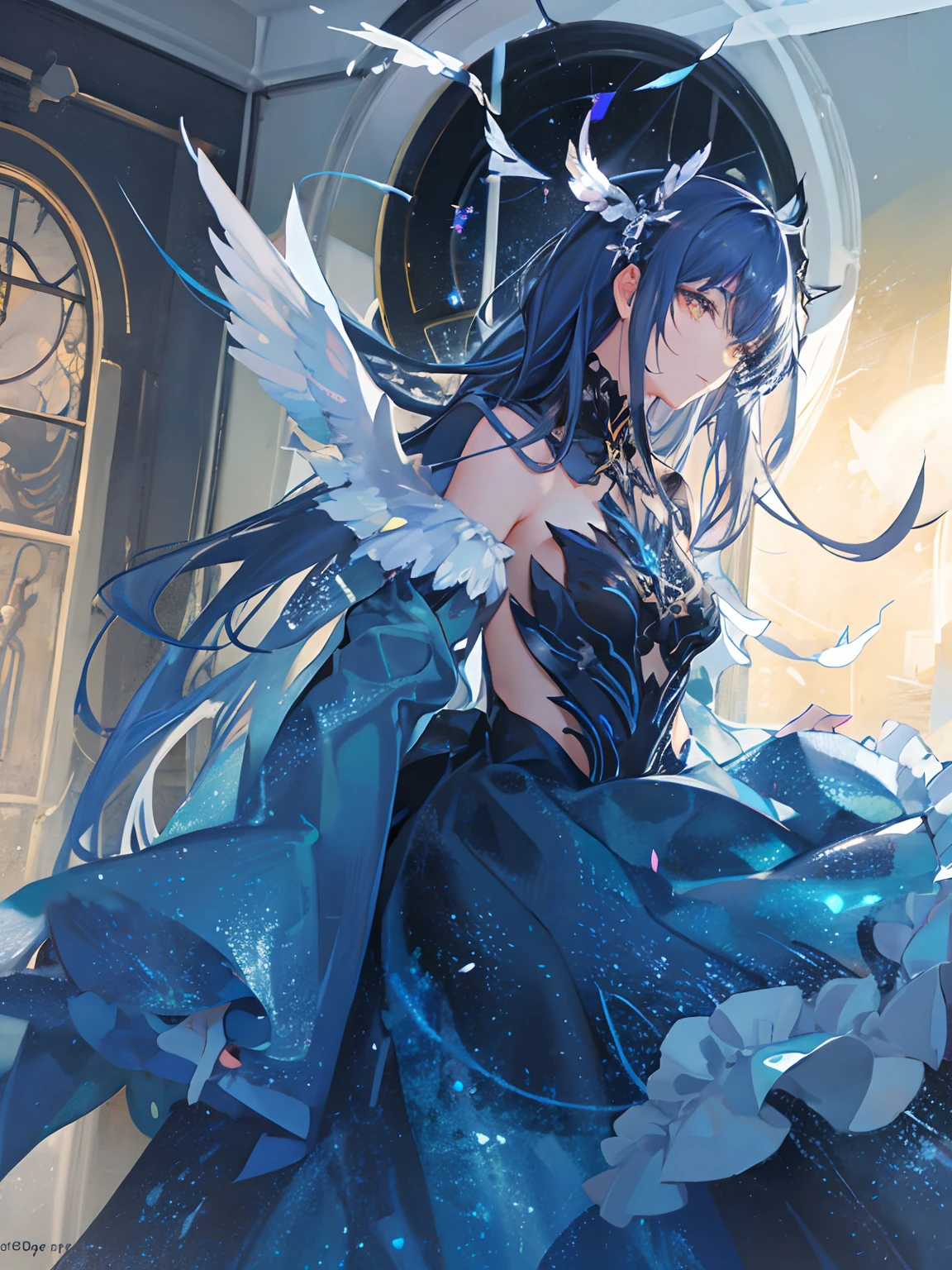 (demonenangel)(best quality,highres:1.2),ultra-detailed,glowing eyes,beautiful detailed wings,long, flowing hair,ethereal atmosphere,mysterious smile,dark and captivating,night sky with stars,angelic halo,soft and dramatic lighting,noble and powerful presence,color palette: dark blues and purples