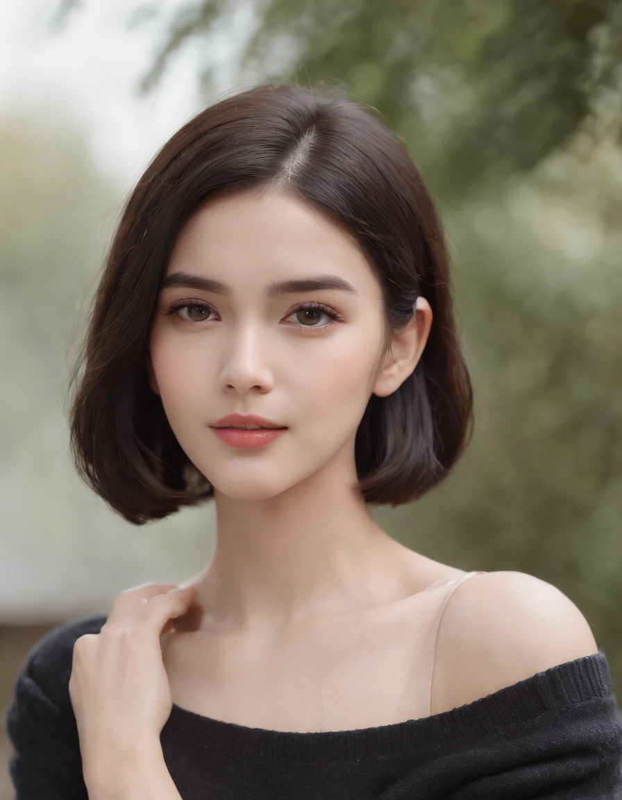 ((from different angles)),(masterpiece:1.3), (8k, photorealistic, RAW photo, best quality: 1.4), White background ,(1girl), beautiful face, (realistic face), (black hair, short hair:1.3), beautiful hairstyle, realistic eyes, beautiful detailed eyes, (realistic skin), beautiful skin, (Black Sweater), absurdres, attractive, ultra high res, ultra realistic, highly detailed, golden ratio