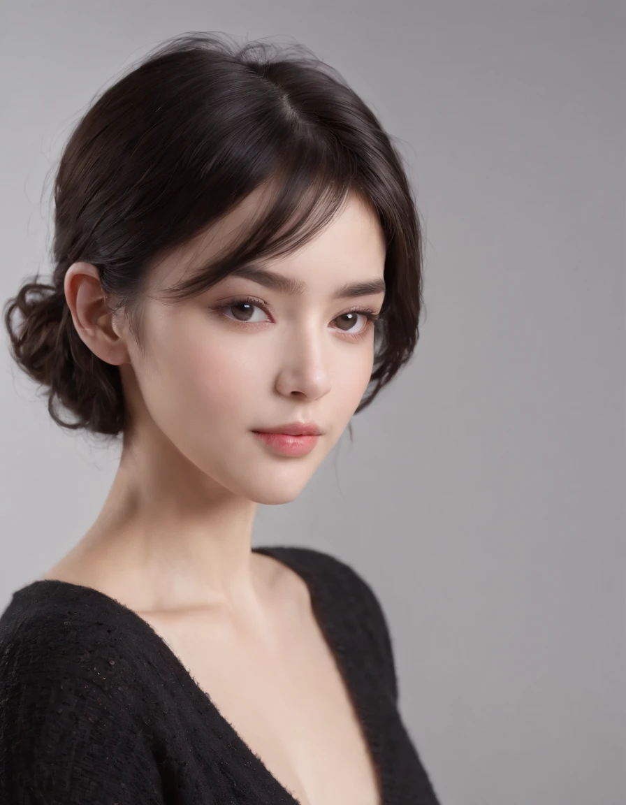 ((from different angles)),(masterpiece:1.3), (8k, photorealistic, RAW photo, best quality: 1.4), White background ,(1girl), beautiful face, (realistic face), (black hair, short hair:1.3), beautiful hairstyle, realistic eyes, beautiful detailed eyes, (realistic skin), beautiful skin, (Black Sweater), absurdres, attractive, ultra high res, ultra realistic, highly detailed, golden ratio