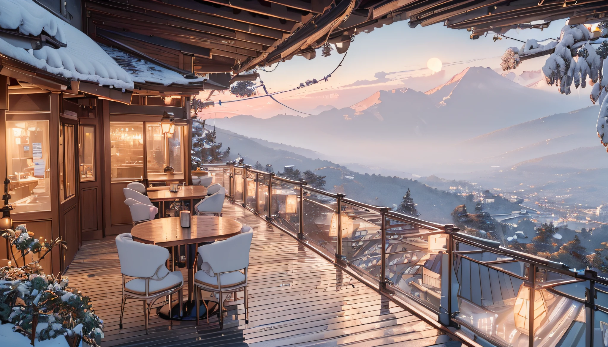 ((masterpiece)), ((top-quality)), (hight resolution:1.5), (ultra-detailliert:1.5),(extremely detailed CG unified 8k wallpaper), Quiet morning,Unkai Terrace,f/4.0,135mm,captured on canon eos r 6,Open terrace at the top of the mountain, detailed scenery —width 672, Cinematic morning light, realistic afternoon lighting, cozy cafe background