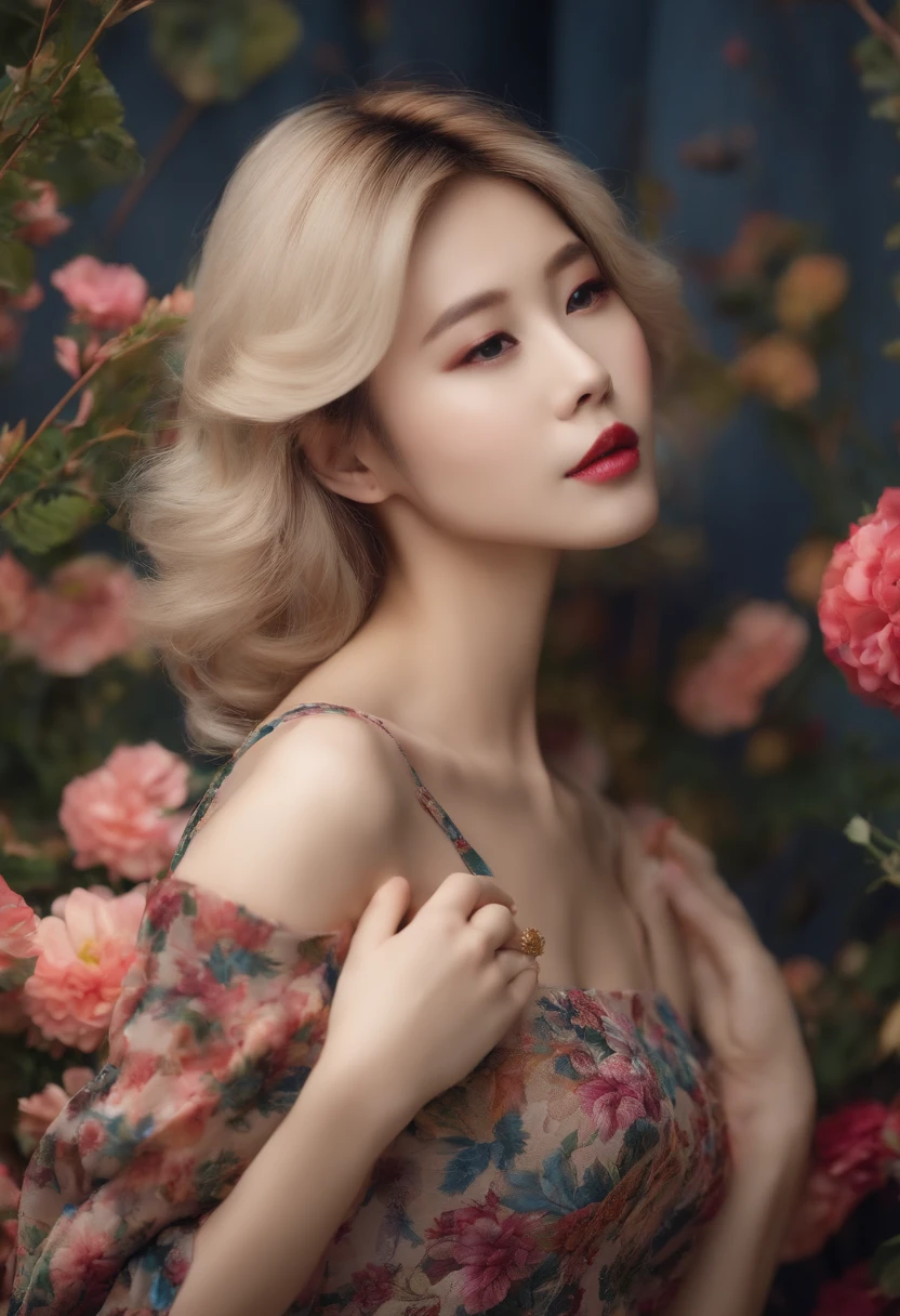 korean girl, short blond hair, big lips, long flower dress