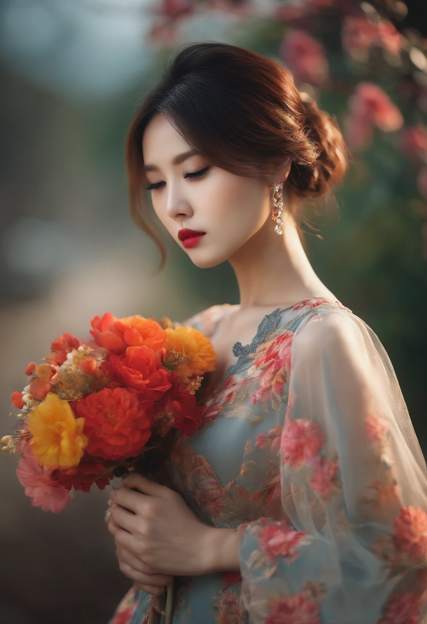 korean girl, short blond hair, big lips, long flower dress