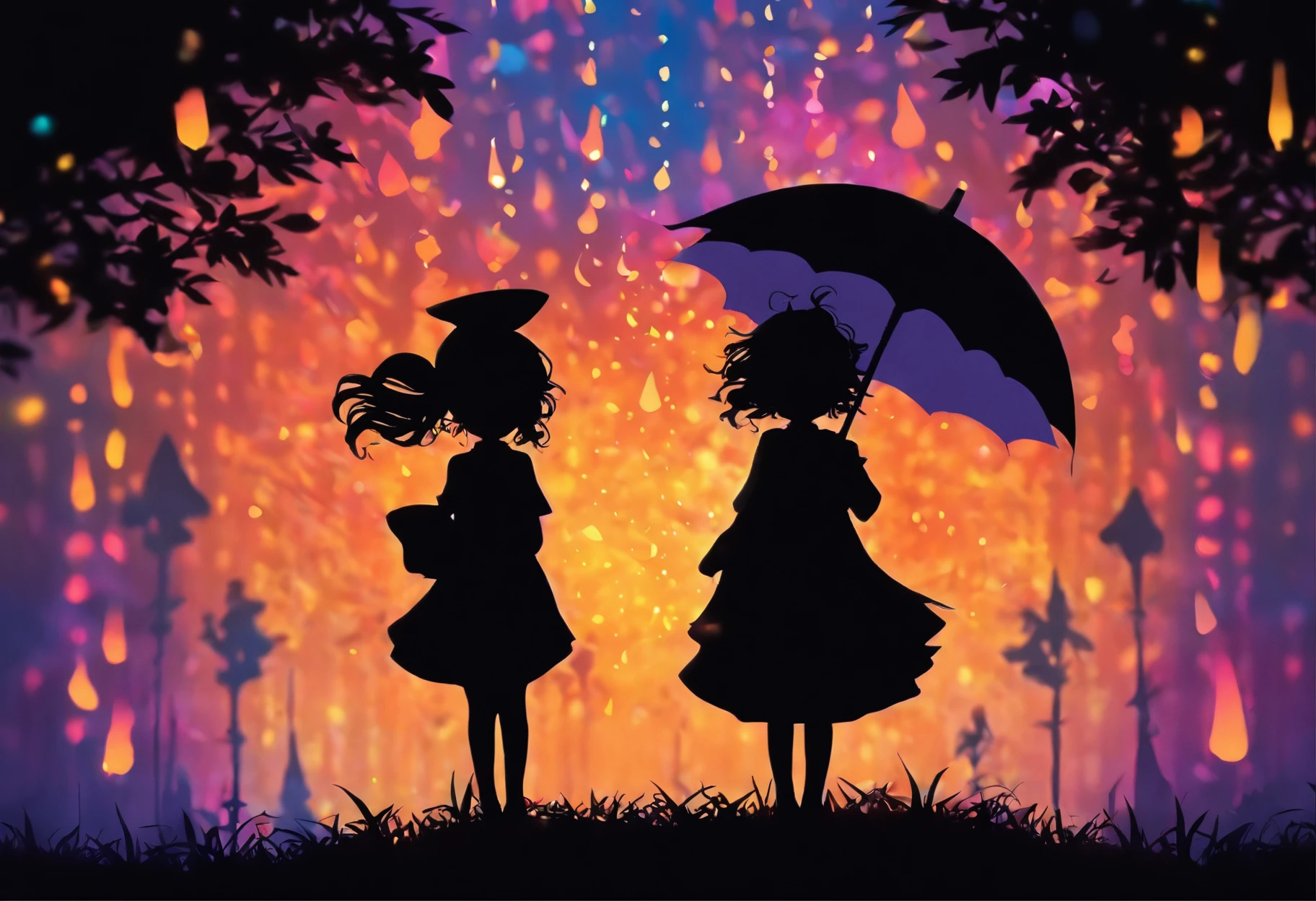(Silhouette Art,cutouts:1.6)
(((Paper cutting art,A world where only black exists:1.3)
(Cowboy Shot),1 girl,Solo,
(Girl with umbrella,profile:1.2),
Romper
(Colorful rain)
Textured glass background,Tarot card atmosphere