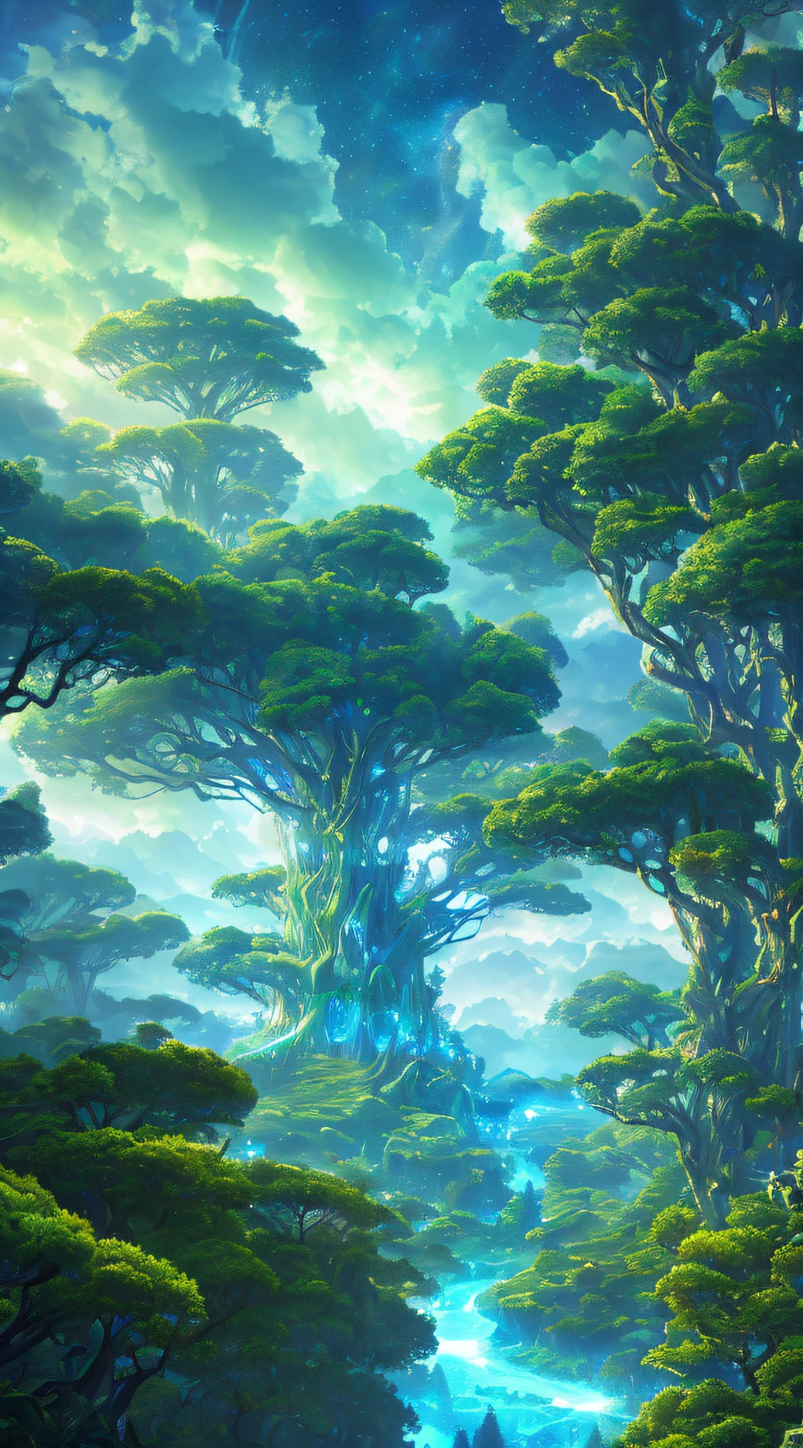 Illustration of a surreal, otherworldly, hyper sky scene including a giant crystal tree full body, highly detailed and magical lighting, intricate forest details, vegetation and surrounding river, solar punk, landscape, giant tree , beautiful green leaves, beautiful lighting and realistic proportions, as if this is a movie background, 8k, highest quality, masterpiece, clouds and stars in the sky.