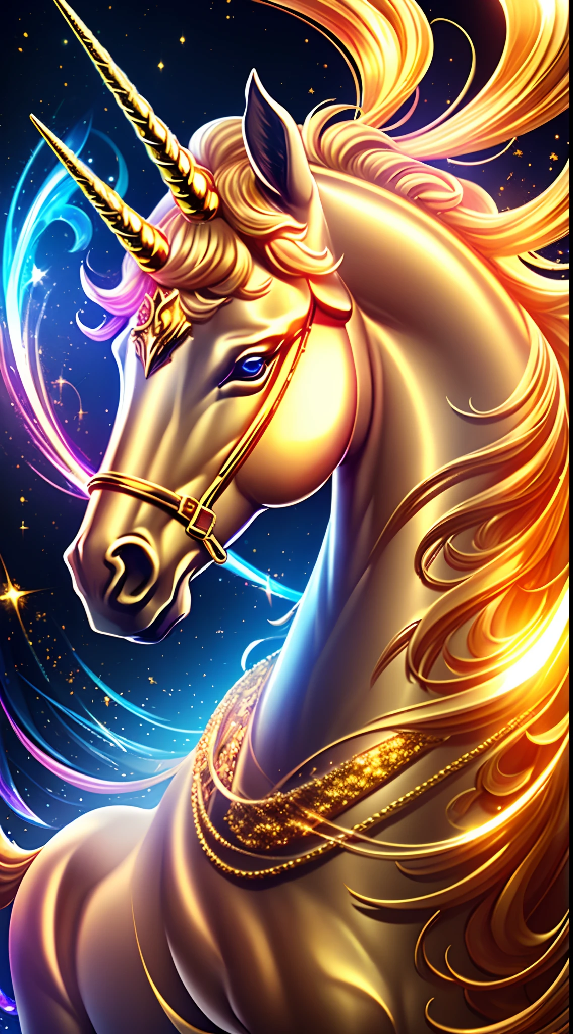 (absurderes、hight resolution、ultra-detailliert、realisitic、)、Golden Unicorn、The surroundings glow golden.、Deities々Right、Messenger of God、Dazzling、Cool and cool、One、Make your dreams come true