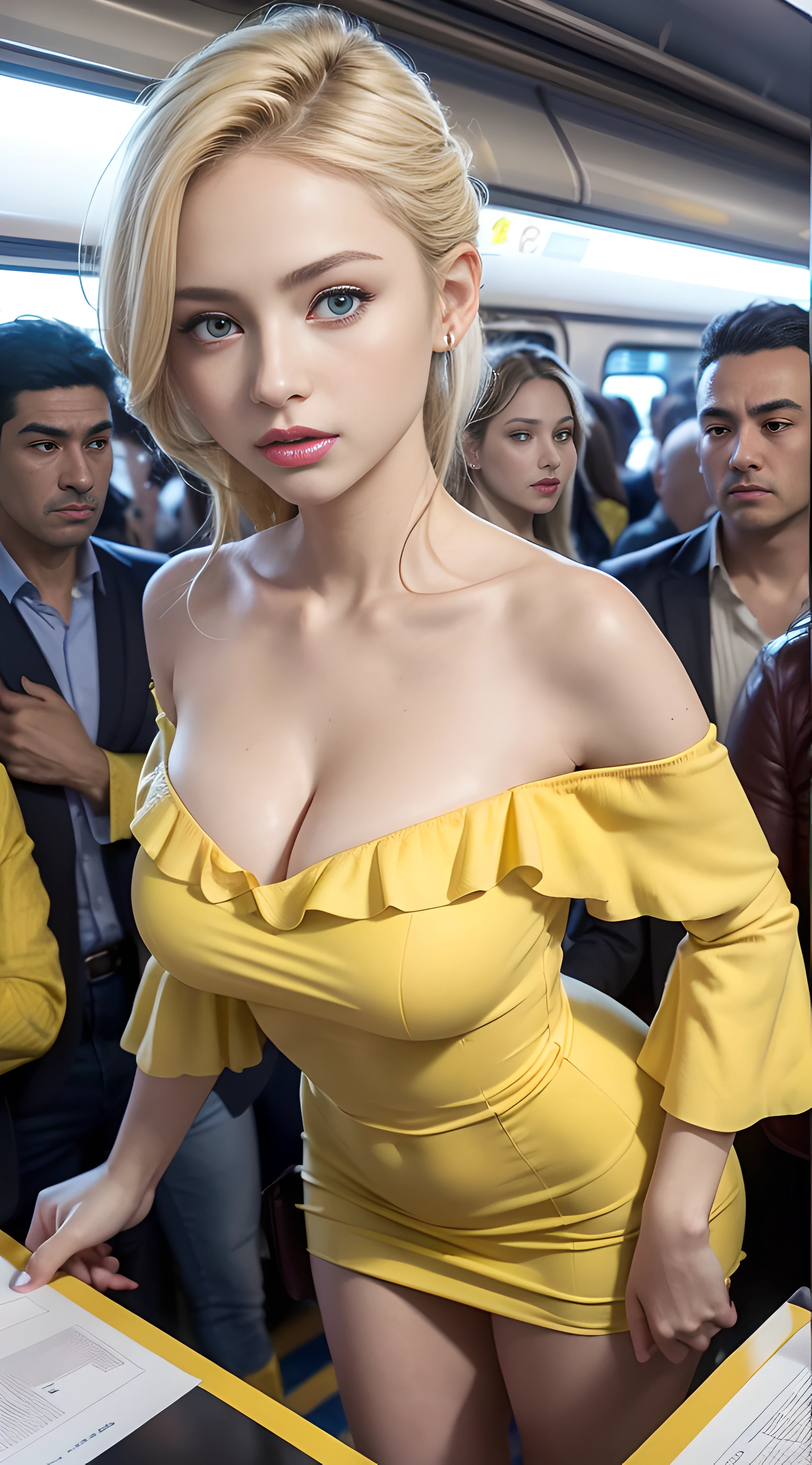 8K, Raw-Photo, (Very detailed skin: 1.2), (top-down view: 1.5), ((Cute girl in yellow off-the-shoulder shirt on a crowded train)), a photo of, masterpiece, Top Quality, Dark gray background, 1girl blue eyes and gorgeous light blonde hair, Beautiful Caucasian woman with big ass, Full breasts and fair skin, varied pose, ((large full breasts :1.4)), (((very soft breasts)), highly detailed face, Detailed Eyes, in a crowded train station, ((No closeup)), ((s whole body))