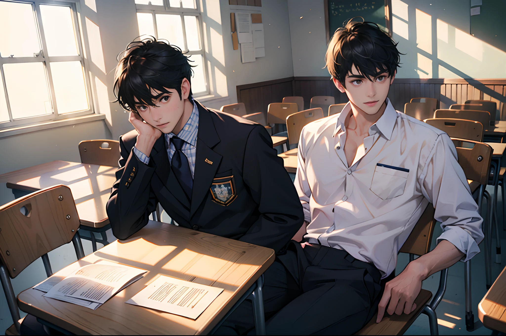 Man,shoun,Young men,High school students,The background is in the classroom,school uniform,extreme hight detail,Realistic light and shadow,Sunlight comes in through the windows,facula,softlighting,Soft focus,The best quality,Be red in the face,Look at the lens, sit on chair,Rest your head on the table,Hold your cheeks sex in the middle of class , no pants , tied to the chair