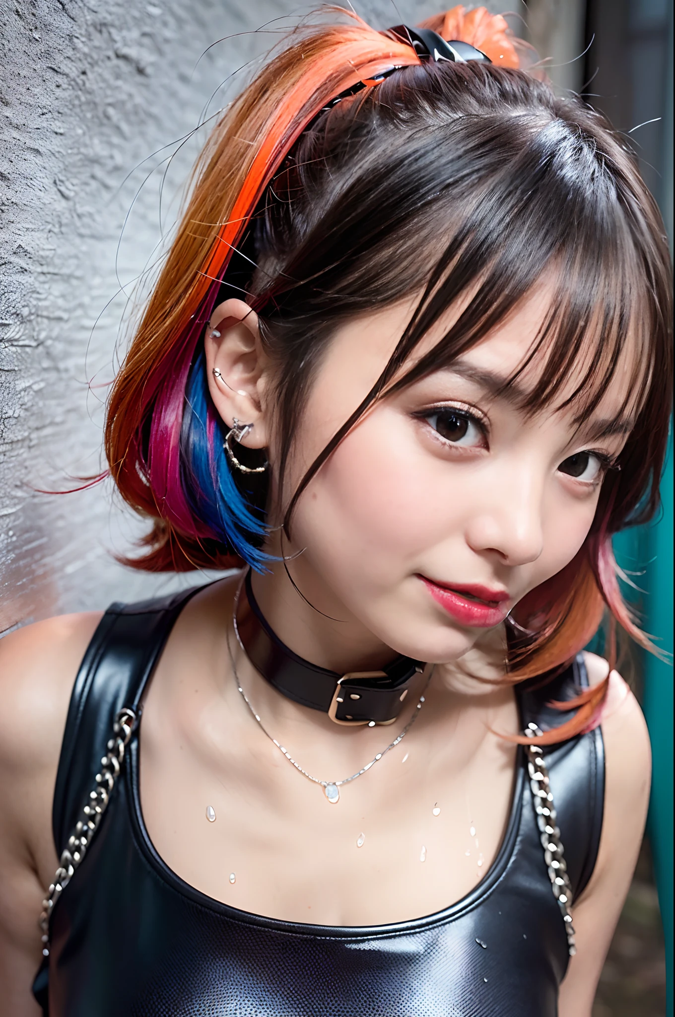 sologirl,Back alley in heavy rain,Drenched bad girl,piercings,Punk rock fashion,Punk rock shirt with chain,Punk rock pants with chain,a choker,(The whole body is soaking wet,Rainwater dripping from the face,Wet face,wetting hair,Wet and glowing skin,Soaking wet costumes,),(Shiny silver and orange hair,Short ponytail),(The composition of the princess's face,big eye,Pointed lips,red lipsticks,Cute round face,A smile that makes the viewer happy,blushing with embarrassment,red blush,),(Bold poses,(The 8k quality,masutepiece,top-quality,Ultra-high resolution output image,),intricate detailes,(Highly detailed raw photos:1.3),(Image Mode Ultra HD),