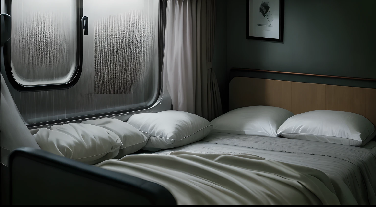 (Masterpiece, best qualtiy)Train interior,the night, Dull,Outside the window on rainy days,Heavy fog,cozy bed,Aloneness