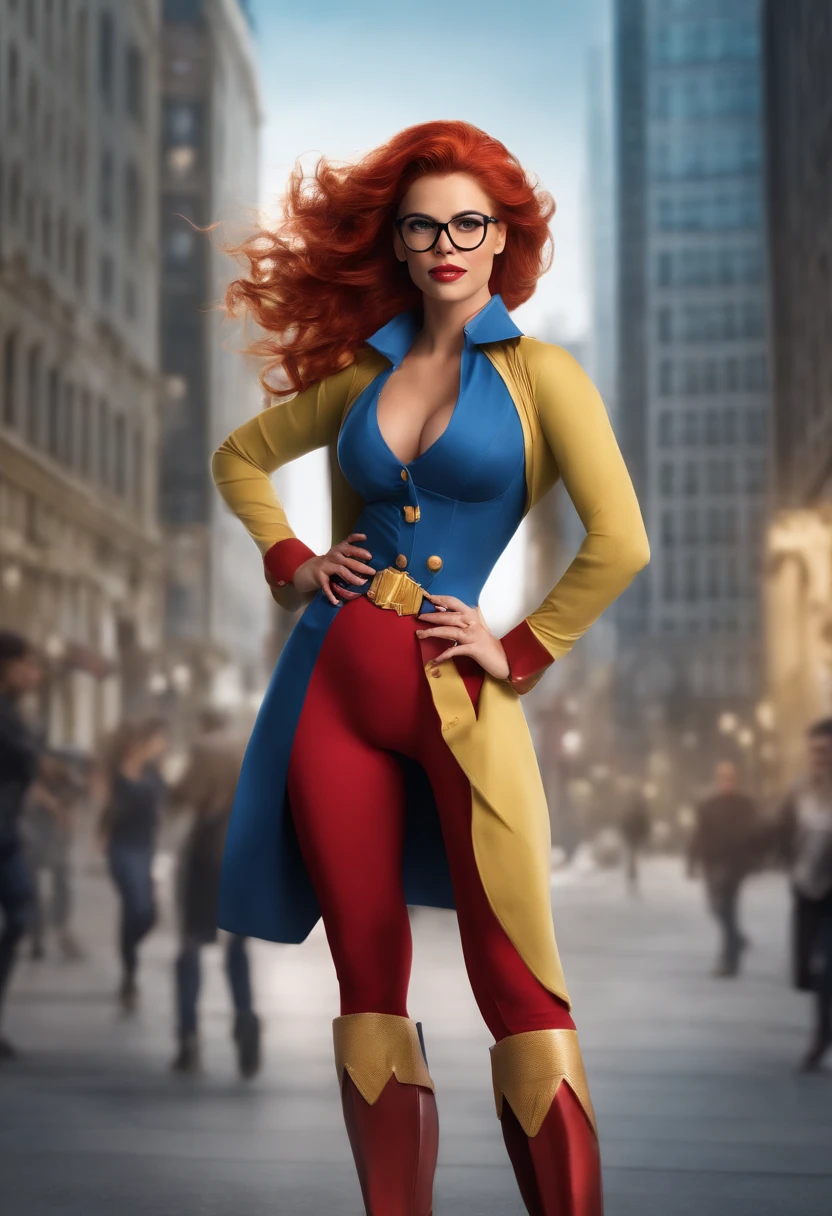((Masterpiece)) image split in two with a yellow thunderbolt. On left side of thunderbolt is an office setting, 1 woman, american, full body view, hand on hip. Red hair tied back in a ponytail, Green eyes, glasses, smiling demurely. Slim figure, medium breasts, wearing white button up top, blue skirt, black heels. On the right side of the thunderbolt a city setting. 1 woman, american, a toned sculptured heroine with large breasts. Full body view. Her costume is a red and blue suit that displays her cleavage, swimsuit cut to display her shapely legs. Red boots and a cape. She has red gloves and her red hair flows behind her. She has Green eyes. (Full body shot) (hand on hip pose) (measurements 36 24 36)