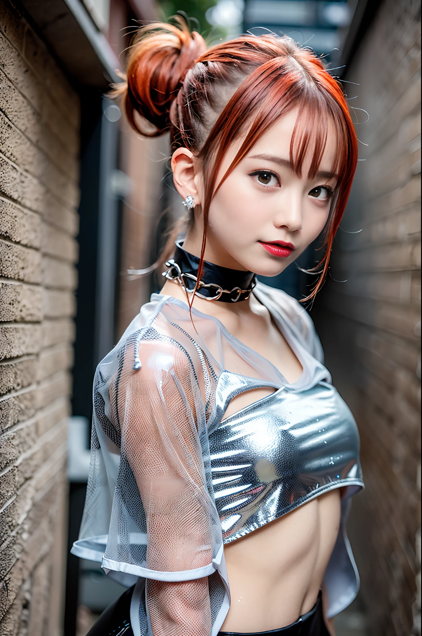 sologirl,Back alley in heavy rain,Drenched bad girl,piercings,Punk rock fashion,Punk rock shirt with chain,Punk rock pants with chain,a choker,(The whole body is soaking wet,Rainwater dripping from the face,Wet face,wetting hair,Wet and glowing skin,Soaking wet costumes,),(Shiny silver and orange hair,Short ponytail),(The composition of the princess's face,big eye,Pointed lips,red lipsticks,Cute round face,A smile that makes the viewer happy,blushing with embarrassment,red blush,),(Bold poses,(The 8k quality,masutepiece,top-quality,Ultra-high resolution output image,),intricate detailes,(Highly detailed raw photos:1.3),(Image Mode Ultra HD),crouching down,