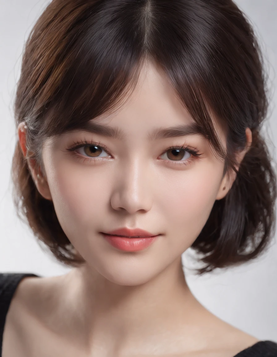 ((Side view)),(Masterpiece:1.3), (8K, Photorealistic, RAW photo, Best quality: 1.4), White background ,Kaihuai, Be happy, Show your teeth,(1girll), Beautiful face, (Realistic face), (Black hair, Short hair:1.3), Beautiful hairstyle, Realistic eyes, Beautiful detailed eyes, (Realistic skin), Beautiful skin, (Black sweater), absurderes, Attractive, 超高分辨率, Ultra photo realsisim, Highly detailed, Golden ratio