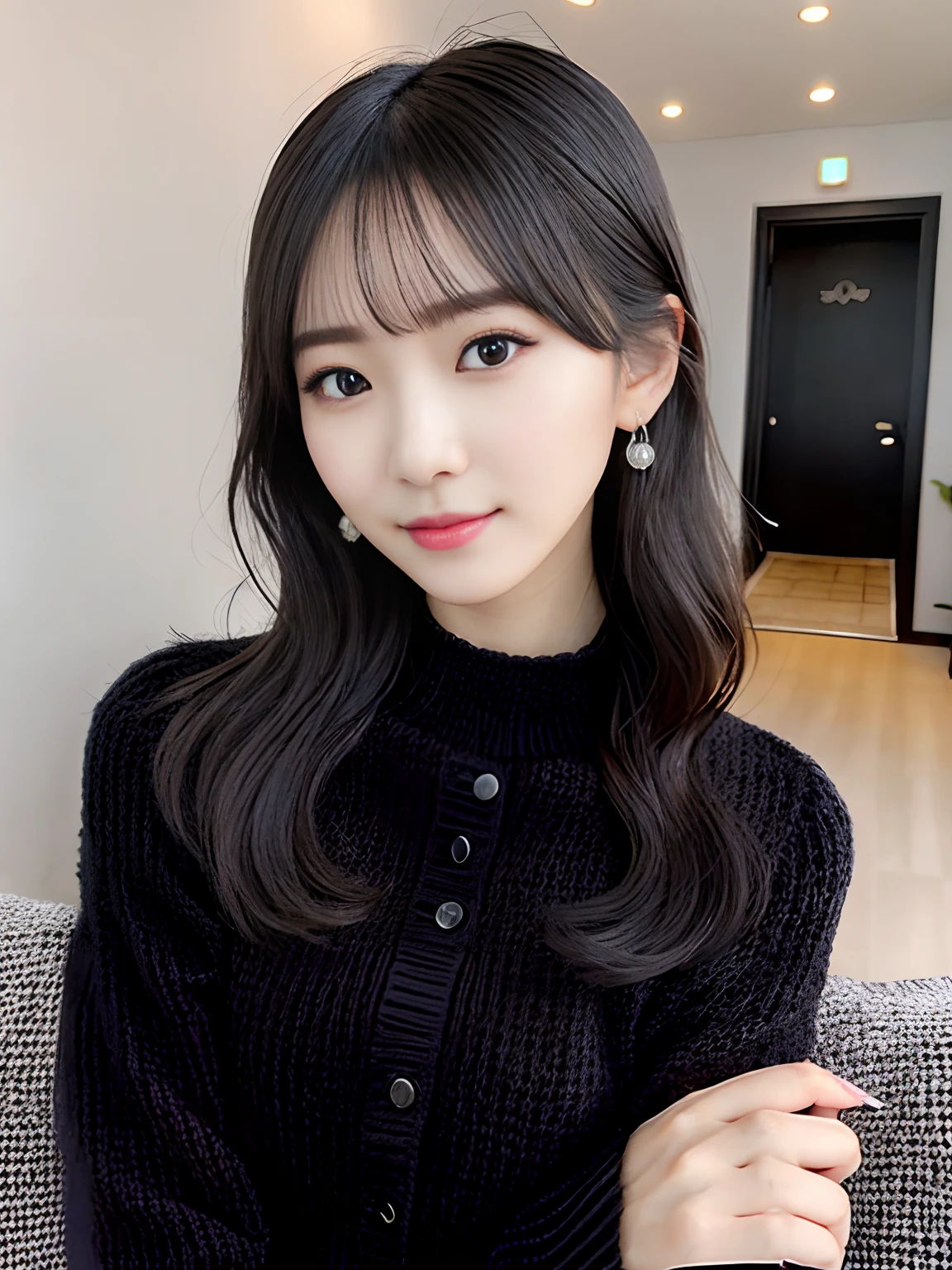 extremely detailed ((addielyn)), detailed eyes,
(Best quality details:1.2),realistic,8K High definition,(1girl:1.2),Ultra Detailed,High quality texture,intricate details,detailed texture,finely detailed,high detail,extremely detailed cg,High quality shadow,Detailed beautiful delicate face,Detailed beautiful delicate eyes,Depth of field,Ray tracing,(a beautiful25age years old sexy korean woman:1.1),medium breast, tall_female, beautiful_legs, Glow Eyes,blush, perfect body,skinny, (black sweater:1.4), (open grey coat:1),(short plaid tight skirt :1.2), (stockings_garterbelt:1.1, stilleto:1.1), (bob cut:1.1), street, sunlight, kneeling on sofa, earrings,necklace, model, looking at viewer, from side, dynamic pose, mole under eye,
