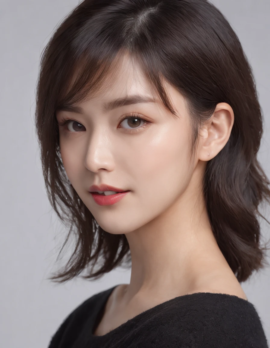 ((Side view)),(Masterpiece:1.3), (8K, Photorealistic, RAW photo, Best quality: 1.4), White background ,Kaihuai, Be happy, Show your teeth,(1girll), Beautiful face, (Realistic face), (Black hair, Short hair:1.3), Beautiful hairstyle, Realistic eyes, Beautiful detailed eyes, (Realistic skin), Beautiful skin, (Black sweater), absurderes, Attractive, 超高分辨率, Ultra photo realsisim, Highly detailed, Golden ratio