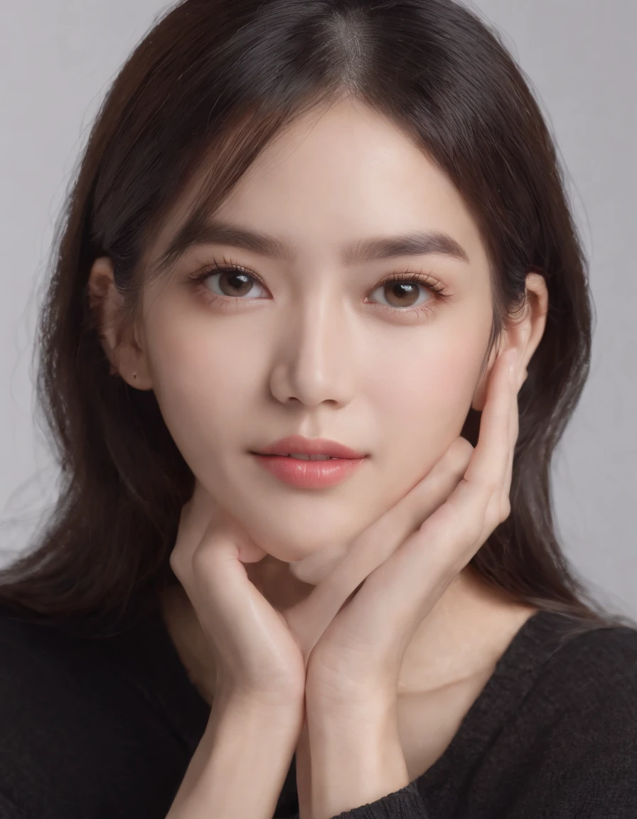 ((Side view)),(Masterpiece:1.3), (8K, Photorealistic, RAW photo, Best quality: 1.4), White background ,Kaihuai, Be happy, Show your teeth,(1girll), Beautiful face, (Realistic face), (Black hair, Short hair:1.3), Beautiful hairstyle, Realistic eyes, Beautiful detailed eyes, (Realistic skin), Beautiful skin, (Black sweater), absurderes, Attractive, 超高分辨率, Ultra photo realsisim, Highly detailed, Golden ratio