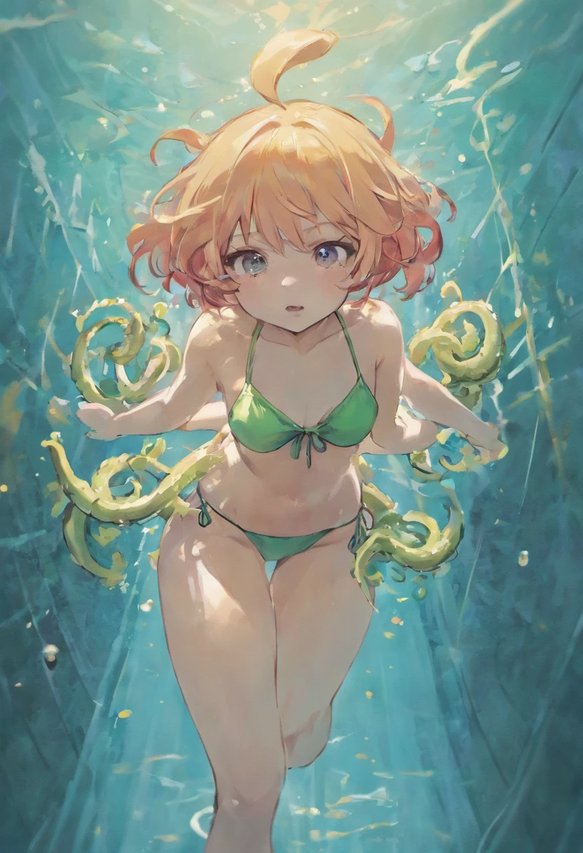 in school swimsuits,In the style of erotic anime. She is being attacked by tentacles, Her face was full of embarrassment. There is the presence of a slimy substance.R18,Erotic,