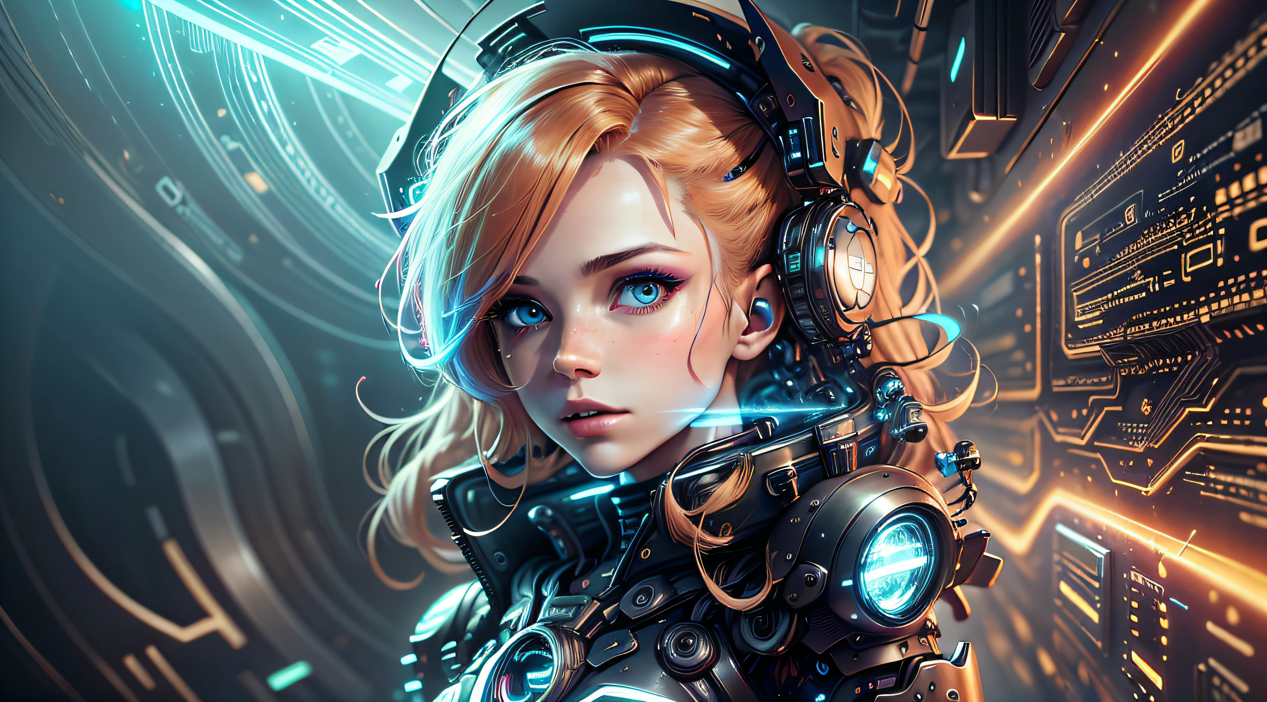 best quality, ultra-detailed CG art: 1.2], floating, mysterious scene, neon lights, shrouded in mist, techpunk aesthetic, androgynous figure, beautiful eyes, cybernetic makeup, vibrant hair: strawberry blonde, embedded with circuits, electric blue stripes, dynamic pose, bright environment, energy distortion, ptercodactyl, night sky. --auto --s2