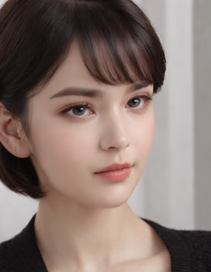 ((from different angles)),(masterpiece:1.3), (8k, photorealistic, RAW photo, best quality: 1.4), White background ,(1girl), beautiful face, (realistic face), (black hair, short hair:1.3), beautiful hairstyle, realistic eyes, beautiful detailed eyes, (realistic skin), beautiful skin, (Black Sweater), absurdres, attractive, ultra high res, ultra realistic, highly detailed, golden ratio