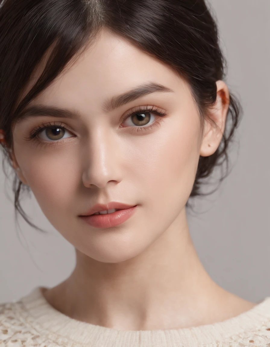 ((from different angles)),(masterpiece:1.3), (8k, photorealistic, RAW photo, best quality: 1.4), White background ,(1girl), beautiful face, (realistic face), (black hair, short hair:1.3), beautiful hairstyle, realistic eyes, beautiful detailed eyes, (realistic skin), beautiful skin, (Black Sweater), absurdres, attractive, ultra high res, ultra realistic, highly detailed, golden ratio