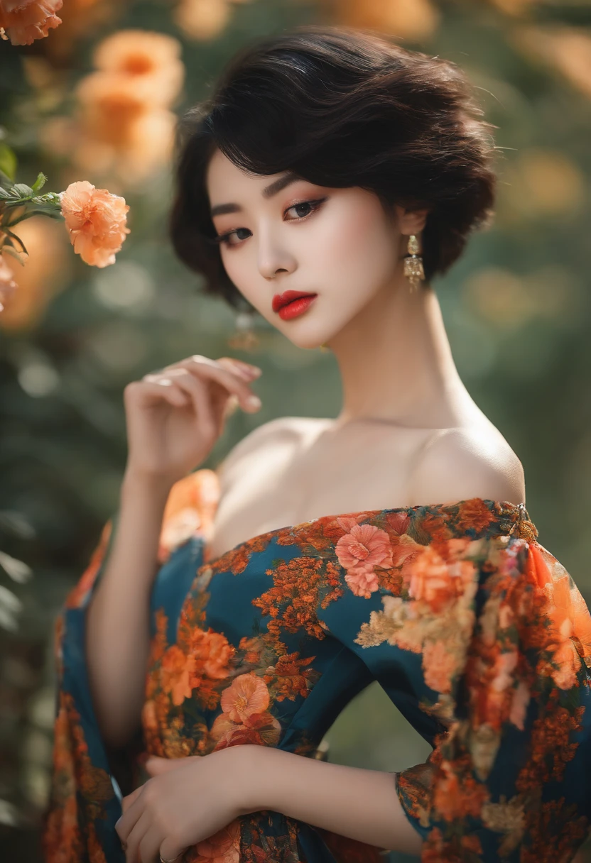 korean girl, short black hair, big lips, long flower dress, 22 years old