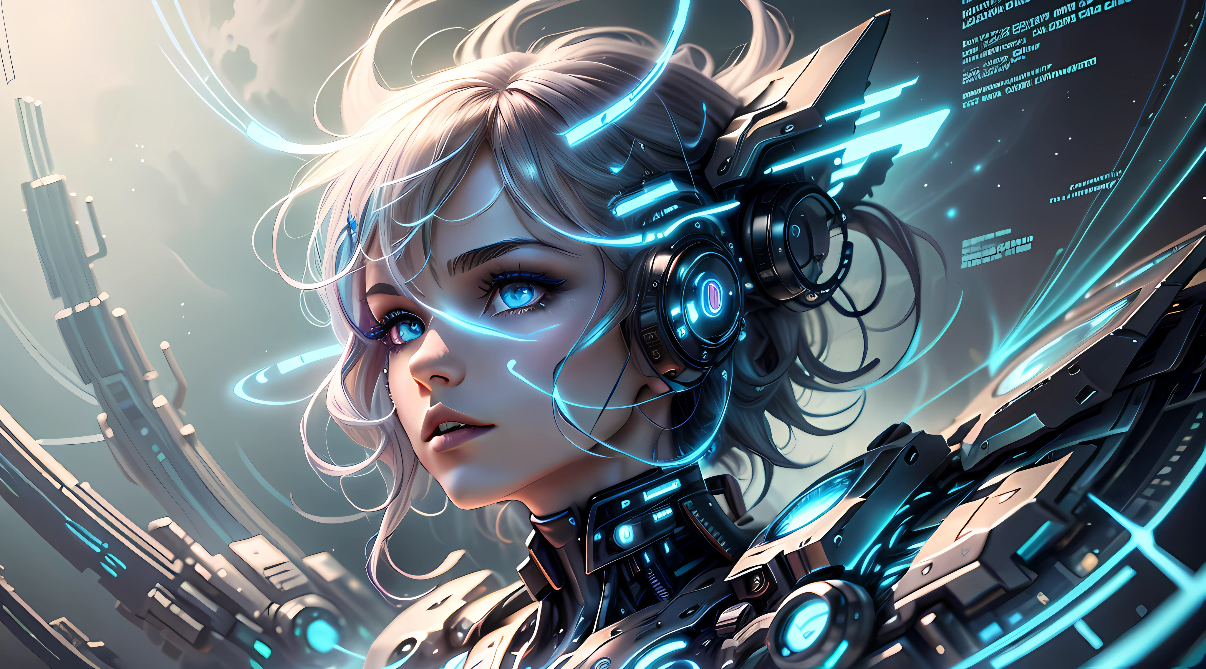 [best quality, ultra-detailed CG art: 1.2], floating, mysterious scene, phosphorecent lights, shrouded in mist, techpunk aesthetic, androgynous figure, beautiful eyes, cybernetic makeup, vibrant hair: phosphorecent blue, embedded with circuits, electric blue stripes, dynamic pose, bright environment, energy distortion, ptercodactyl, night sky. --auto --s2