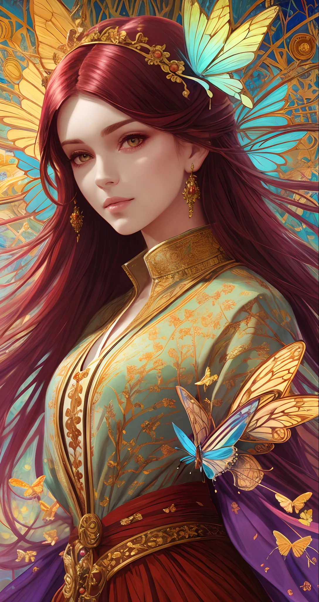 close up angle, beautiful magic portrait with, facing the viewer, long red hair, wearing a pretty magic robe and ornate magic robe, intricate, very detailed, background is an enchanted forest with butterflies, 8k, by alejandro burdisio and alfons mucha --auto --s2