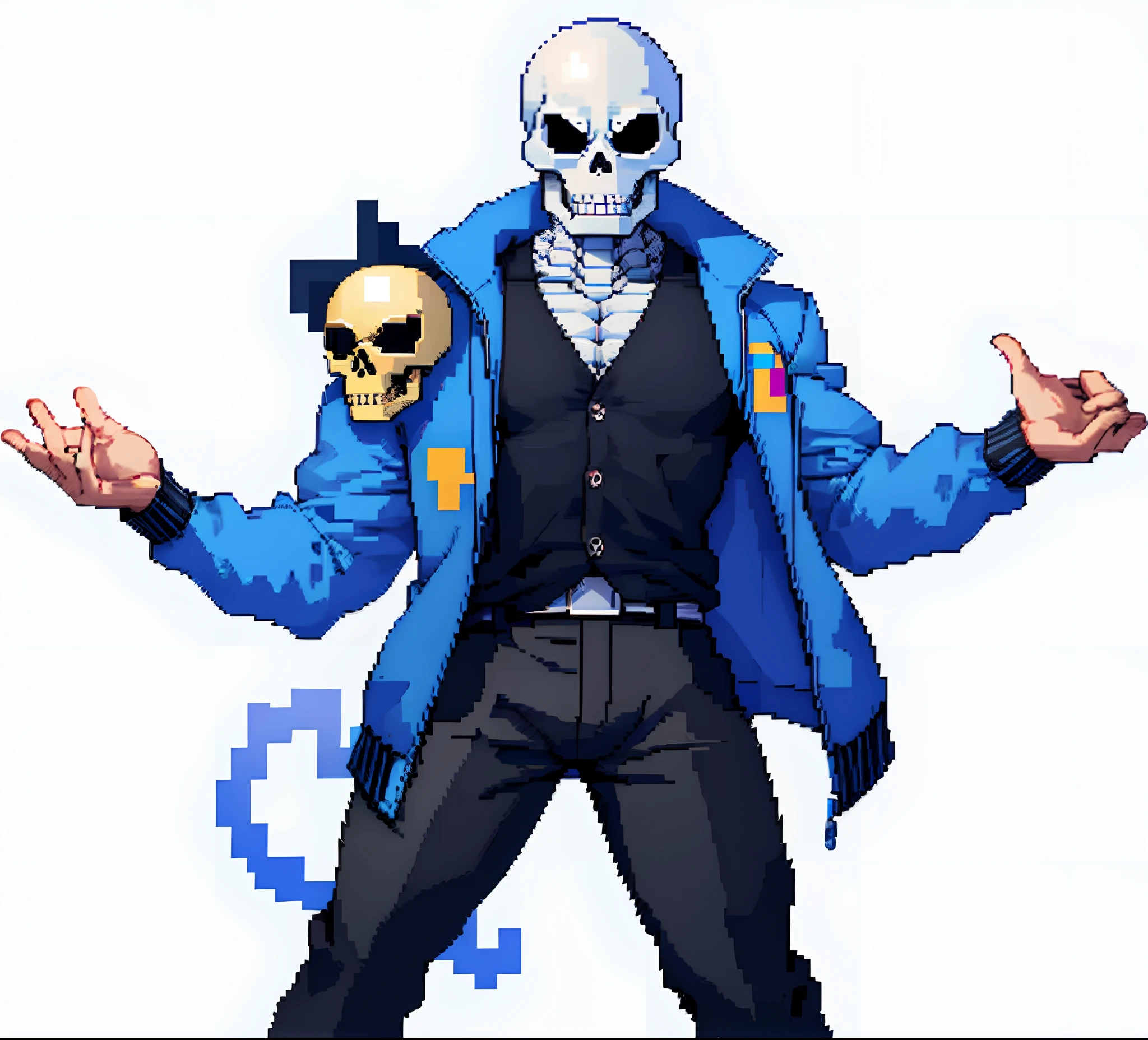 A pixel art pixel of a skeleton wearing a blue jacket and black pants, sans Undertale, Sans de Undertale, 1 0 0 0 x 1 0 0 0 pixel art, Pixel Art Sprite, Undertale, 2 d sprite, High quality pixel art, Sprite complet du corps, Video game sprite, Pixel Art », papyrus, uncompressed png, very very low quality picture
