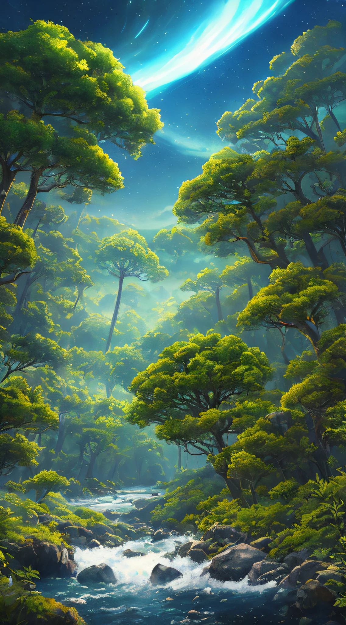 Illustration of a surreal, otherworldly, hyper sky scene including a giant crystal tree full body, highly detailed and magical lighting, intricate forest details, vegetation and surrounding river, solar punk, landscape, giant tree , beautiful green leaves, beautiful lighting and realistic proportions, as if this is a movie background, 8k, highest quality, masterpiece, clouds and stars in the sky.