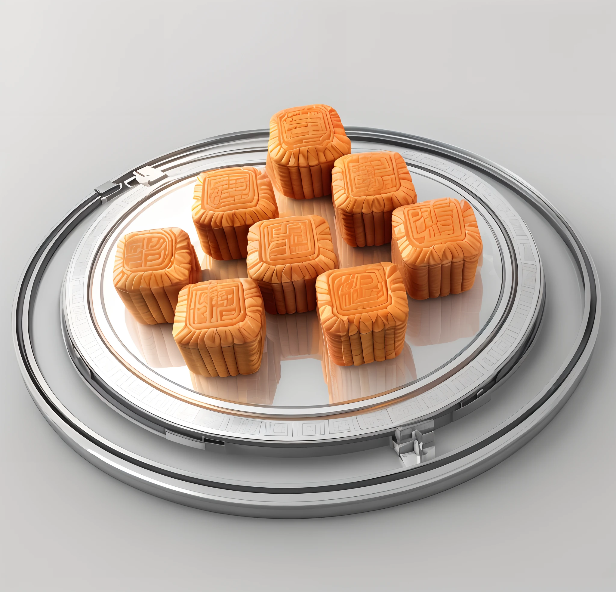 Chinese mooncakes，3Drenderingof，China-style，Gradient translucent glass melt，Orange-blue background，Full model isometric view，Complicated details，8k，k hd
