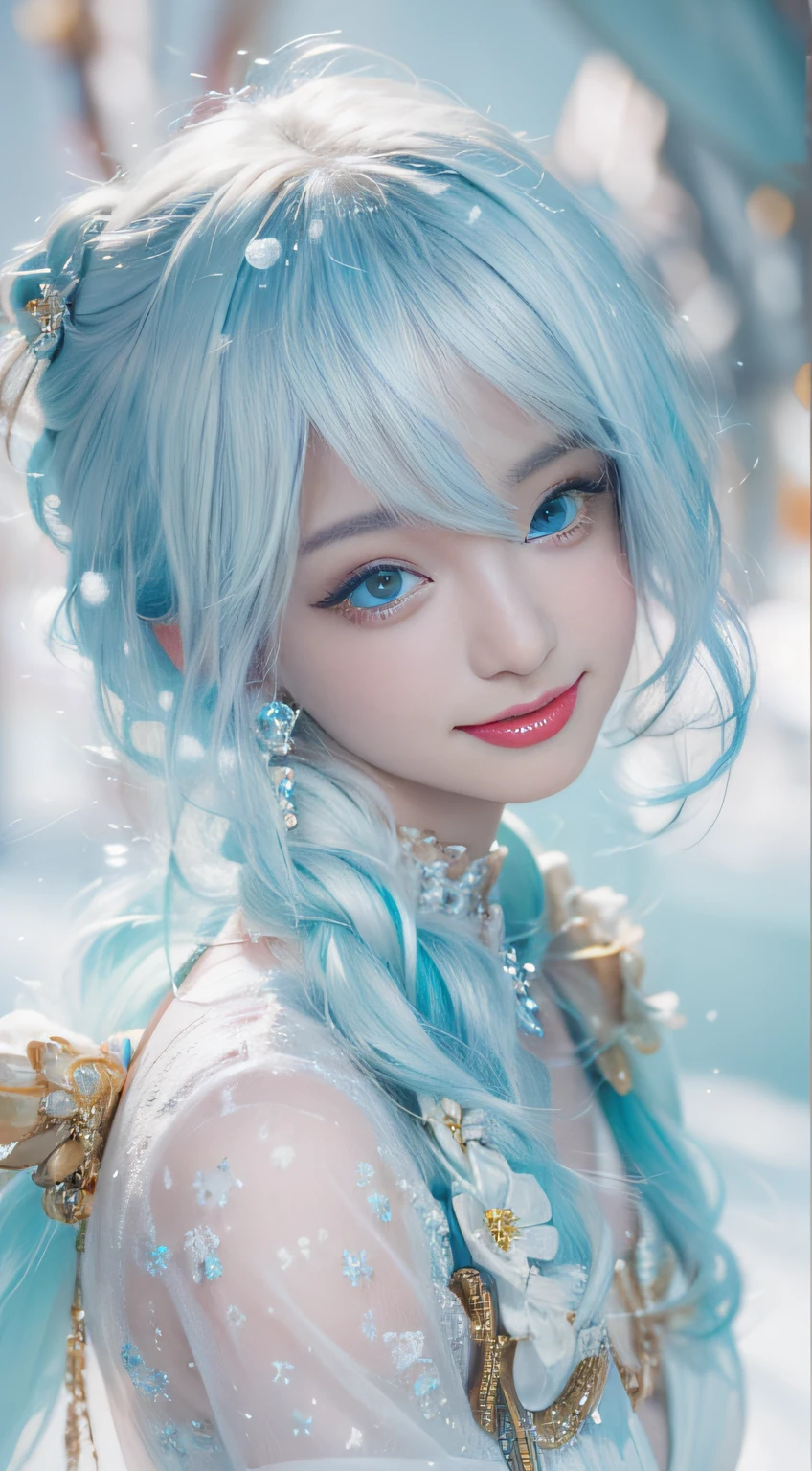 A close up of a woman with blue hair and a blue dress - SeaArt AI