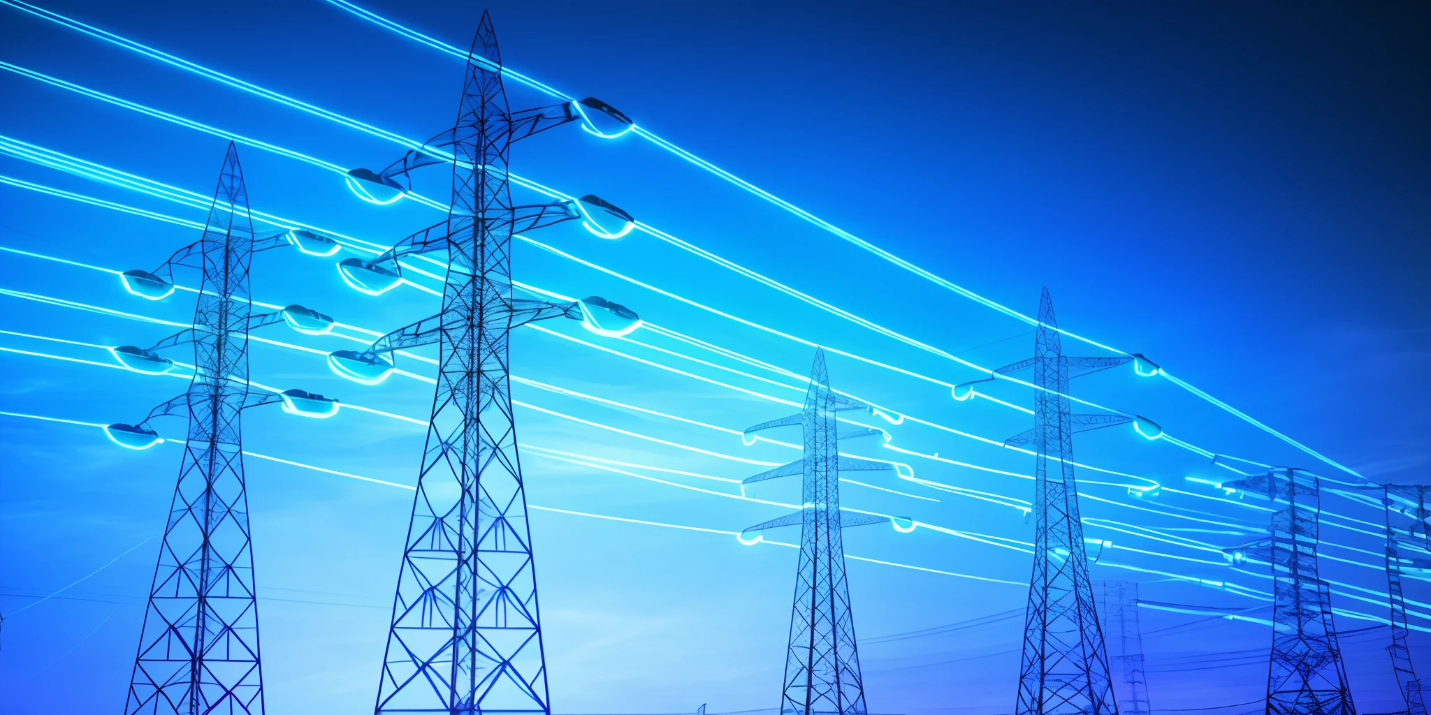 Close-up of a set of electric towers with blue lights, powerlines, Electricity, electricity archs, Power lines, pylons, overload, electric cables, electric energy, Power superpowers, electric, electricity highly detailed, Energy trajectory, Blue-green electricity, electrical signals, cosmic energy wires, Energy lines, Wires with lights, electrical wires, electrical,em cor azul escuro