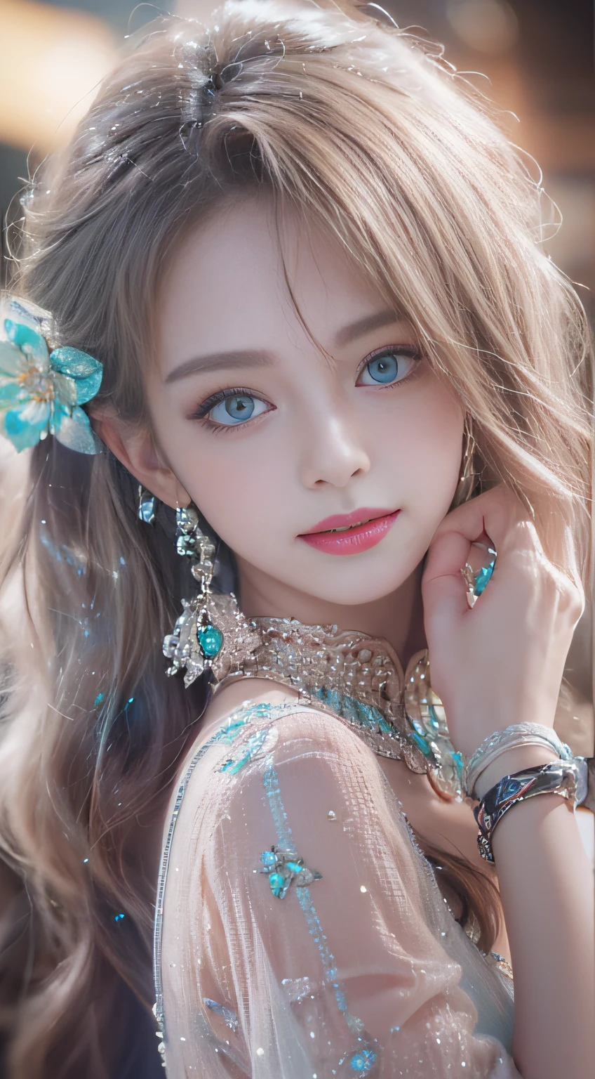 poneyTail, Snow Peak Pavilion, hair pin, colored contact lenses(Shelley Gregg), aqua eyes, nedium breasts, smiley, jewely(Earring), Modern, Chiaroscuro, Cinematic lighting, NIKON, 85 mm, High quality, 8K, Best Quality, Super Detail