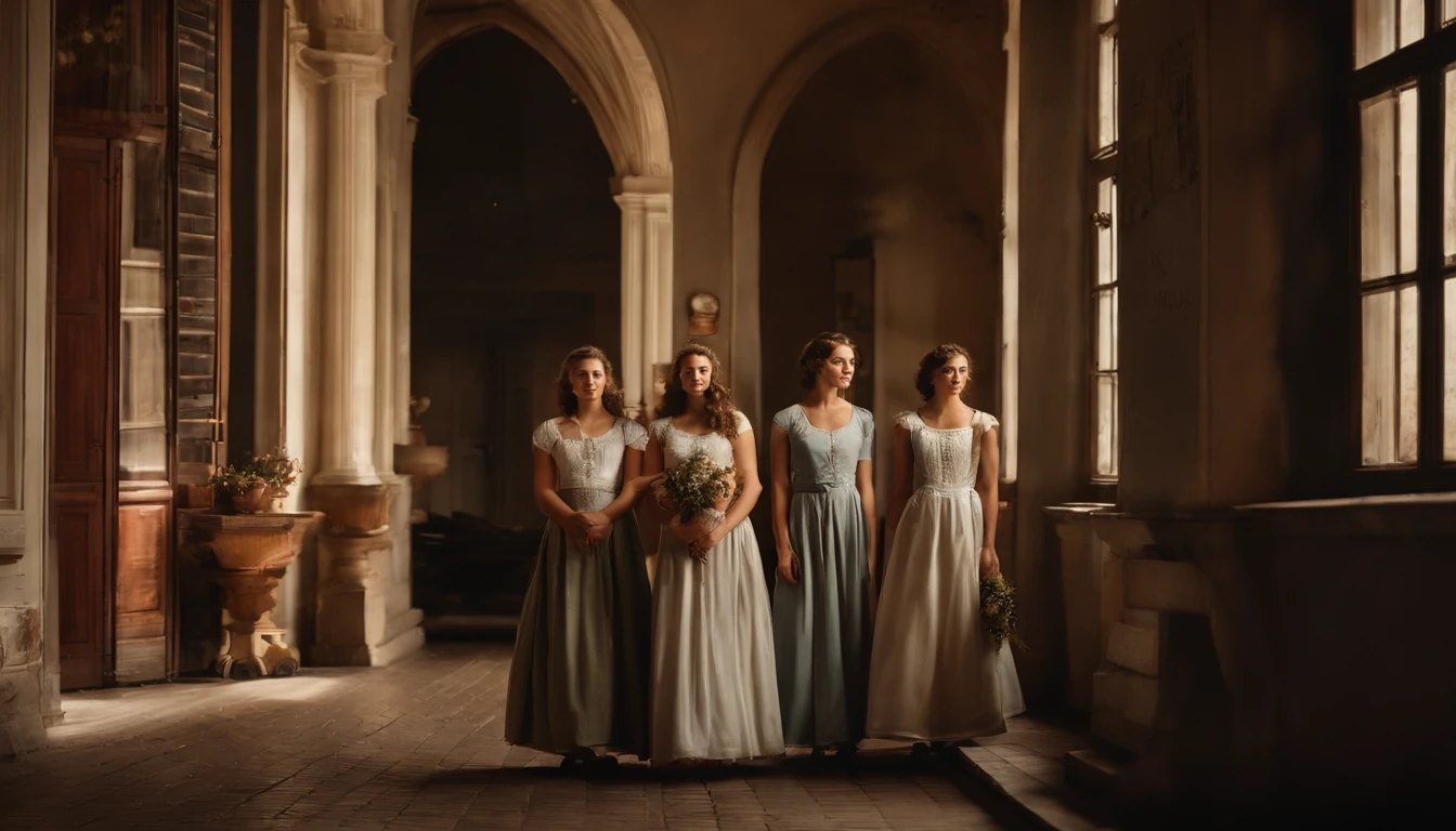 The Timeless Beauty of Youth
Transport yourself to a bygone era where three young women and four young boys stand in the picturesque courtyard of a historic school. Each person has their own characteristics, adding depth and character to the composition. The atmosphere exudes nostalgia, capturing the vibrant energy and unfettered happiness of youth. This image is a testament to the narrow beauty of cherished memories and the timeless appeal of young passion.