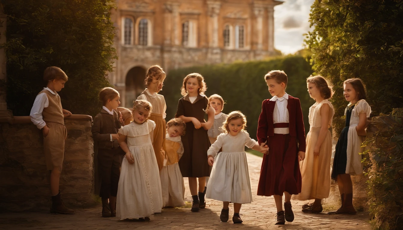 The Timeless Beauty of Youth
Transport yourself to a bygone era where three young women and four young boys stand in the picturesque courtyard of a historic school. Each person has their own characteristics, adding depth and character to the composition. The atmosphere exudes nostalgia, capturing the vibrant energy and unfettered happiness of youth. This image is a testament to the narrow beauty of cherished memories and the timeless appeal of young passion.