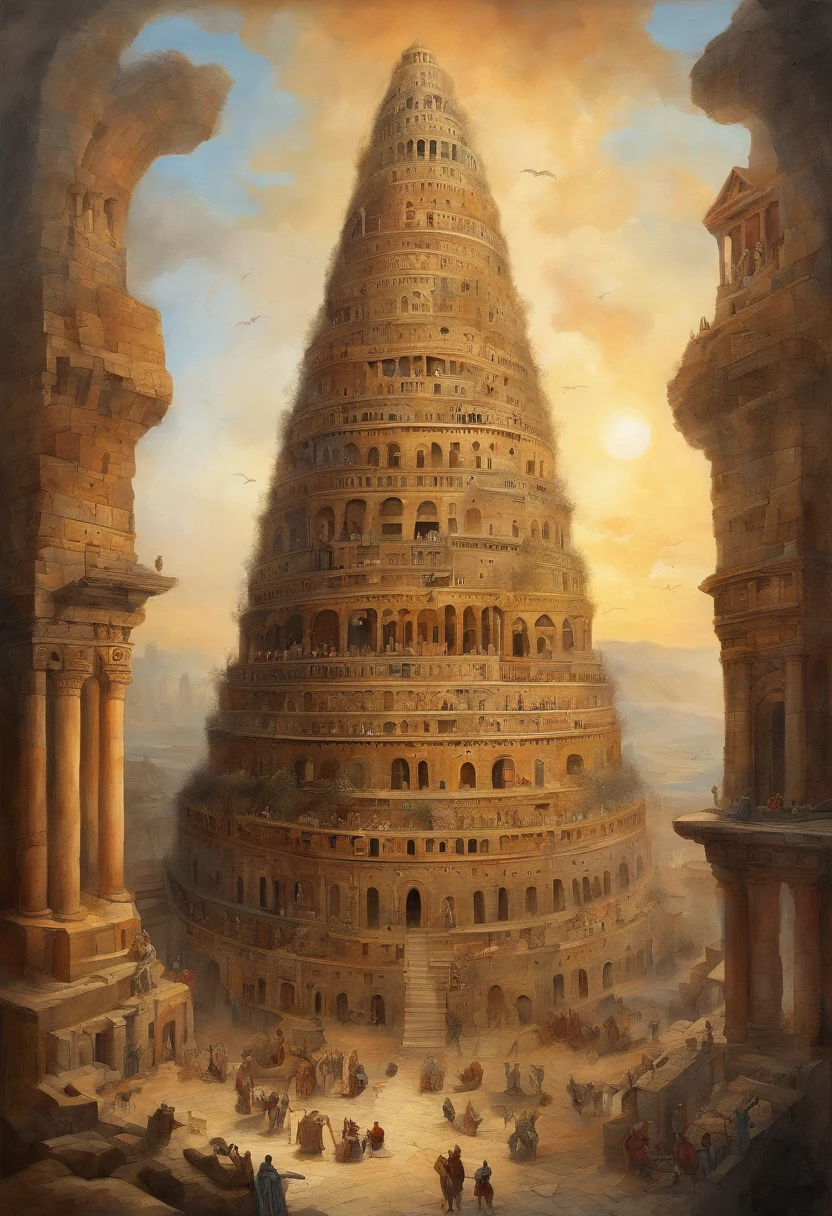 (en)
"An impressive illustration of the mythical Tower of Babel, personas confundidas, showcasing intricate details and impressive craftsmanship. La torre se alza contra un vibrante cielo al atardecer, proyectando una sombra fascinante sobre la bulliciosa ciudad de abajo. The scene is imbued with a sense of wonder and grandeur.., Capturing the essence of human ambition and unity."