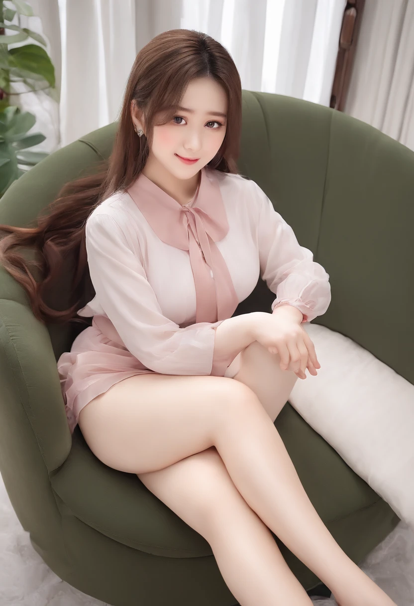(((Lying on the couch、Receiving documents、NSFW,Mouth ajar))),(((((NSFW、Over Head Shot、White ruffled blouse with ribbon、shortsleeves、flered skirt、high-heels、Spread your legs apart、From directly above、raise her legs))))),((In the office、In the company、In the reception room、frombelow))、masutepiece, 1girl in, best qualtiy, Ultra Detail, (shiny), (Small)、(((with blush cheeks,))),Ray tracing,Perfect Lighting, (milky skin:1.2),reflection, up looking_で_viewer, blush, bow ribbon, Medium Curl Hair、yellow_Eyes, White choker, Low_Twin-tailed、Japan's cutest 28-year-old beautiful girl、Small ribbons in the hair、(NSFW:1.3)、Low heel contrast、Contrast Legs、Contrasting eyes、nudde