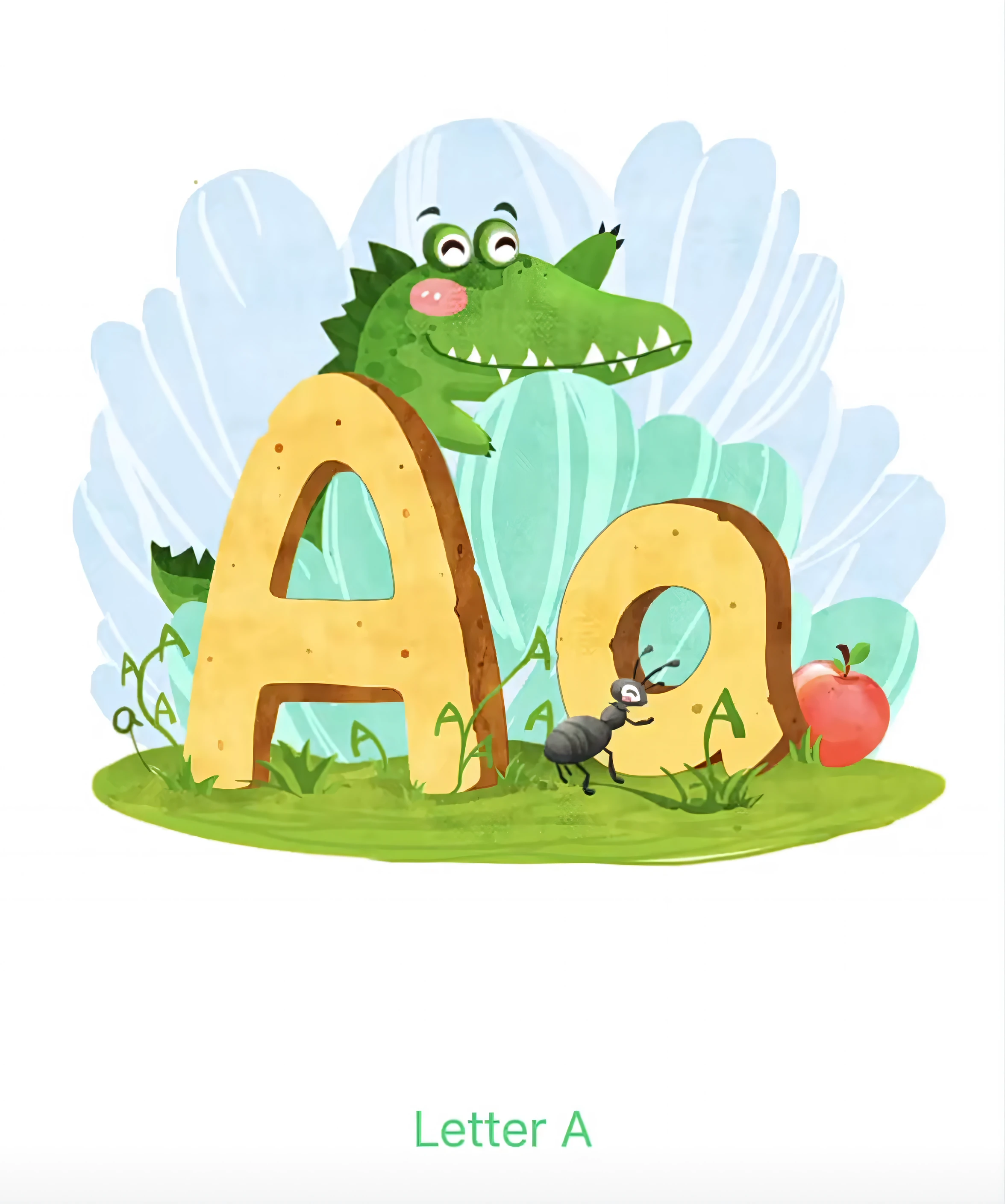 Close-up of cartoon crocodile with letter A in the grass, letter a, letter a, children's book illustrations, storybook illustrations, children's book illustrations, children's book illustrations, children's book illustrations, Children's book illustration, children's book illustrations, Storybook illustration, storybook illustrations, colorful kids book illustration, anthropomorphic alligator