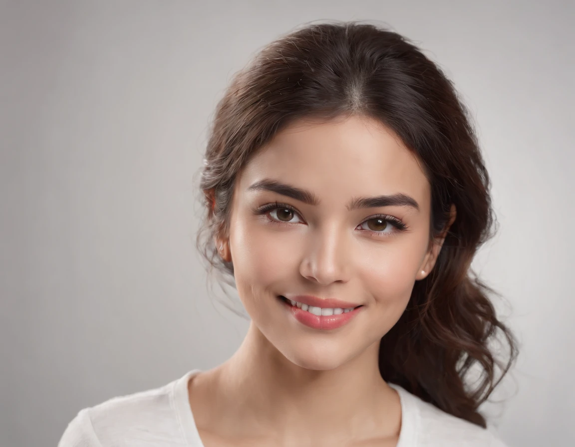 (Photo: 1.3) af (realism: 1.3), (Hispanic), Latina woman profile picture, (frontal close-up), soft light, clear face, happy, cheerful, warm light, white T-shirt, (off-white background), (blank background), (gray wall background)) avatar, (curly hair), smile, beautiful, young, short hair, smile, (close-up)