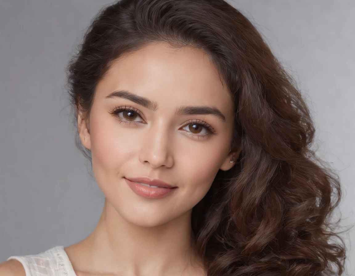 (Photo: 1.3) af (realism: 1.3), (Hispanic), Latina woman profile picture, (frontal close-up), soft light, clear face, happy, cheerful, warm light, white T-shirt, (off-white background), (blank background), (gray wall background)) avatar, (curly hair), smile, beautiful, young, short hair, smile, (close-up)