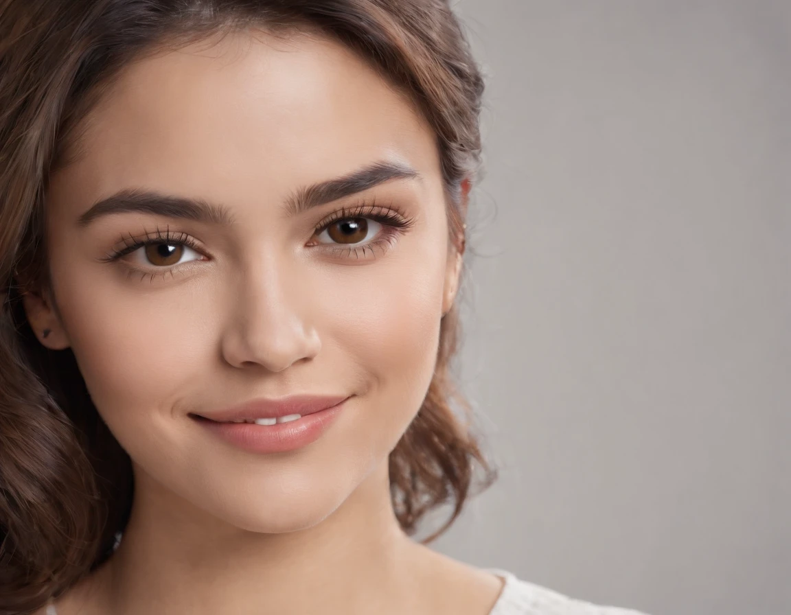 (Photo: 1.3) af (realism: 1.3), (Hispanic), Latina woman profile picture, (frontal close-up), soft light, clear face, happy, cheerful, warm light, white T-shirt, (off-white background), (blank background), (gray wall background)) avatar, (curly hair), smile, beautiful, young, short hair, smile, (close-up)