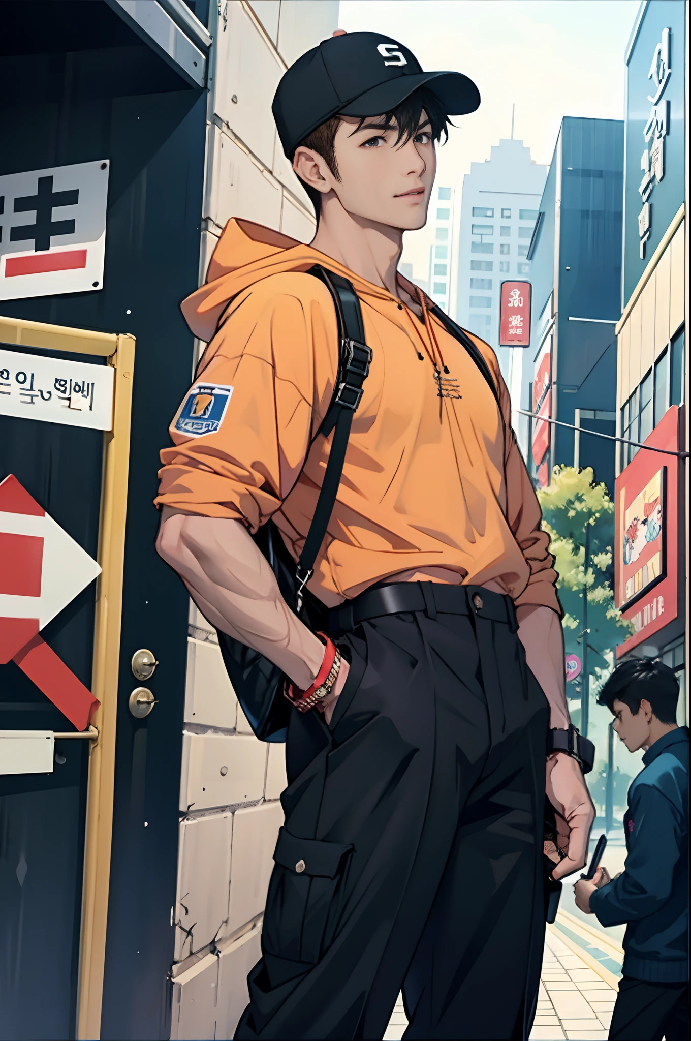 (tmasterpiece,超高分辨率,16k UHD,high qulity),low tune,commute,ads,tvp,standing on your feet,looking at viewert,tmasterpiece,pretty, Strong, musculature, department store,sitted,(Upright brown super short hair),Black eyes,Turn to the back,ssmile,vogue, Korean fashion, Seoul,(small heads),Precise anatomy,sports club, Precise hand structure, espadrilles, Casual Fashion, wristwatch, Hoodies, baseball cap,Unity 16K wallpaper,concept-art,One guy,8K eyes,(((Mature male))),(short detailed hair),Work pants,(photorealiscic face:1.8),broad shoulder,slips,(full bodyesbian:1.6),Male 24,