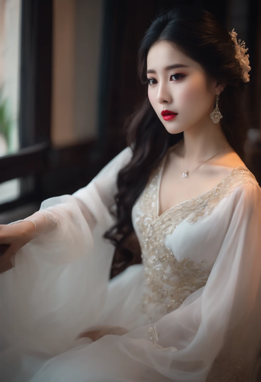 korean girl, long black hair, big lips, long white dress, 20 years old