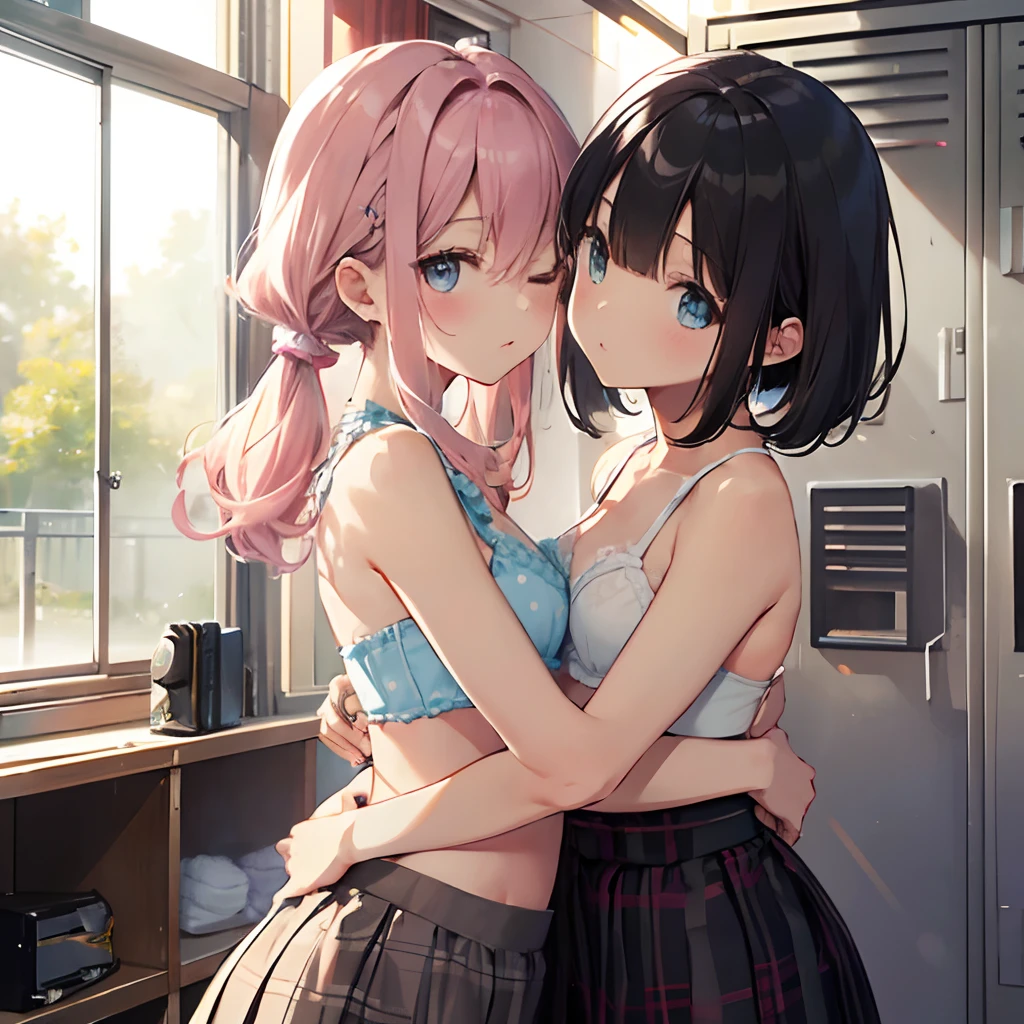 (Highest quality illustrations:1.2), (Kawaii Girl:1.1), (1girl in, 独奏:1), (2girls、8years old、Lori、Gamine、A tiny、kawaii、cute little、tiny chest、ultradetailed eyes:1.2)、(Yuri、the kiss、hug from behind、Grabbing the、Eyes half closed、eyecontact:1.3)、(perspiring、Hugged、red blush:1.1)、 BREAK White Bra、Pink bra、Blue bra、Green bra、Greybra、Light grey bra、 Striped bra、Polka Dot Bra、Plaid bra、Cute bra、Kids Bra、Sportsbra、Camisole、Cotton panties、school skirt、Blake black hair、Blue-haired、Brown hair、extra very short hair、shorth hair、Middle hair、length hair、hair wavy、curlyhair、Light pink and braided hair、hime-cut、bob cuts、Twin-tailed、low twintails、poneyTail、Low ponytail in light blue、BREAK HA(Locker Room:1.2)、(evening、evening、Orange Sunlight:1.2)、 BREAK(top-quality、ultra-detailliert、highly detailed and beautiful、超A high resolution、Detailed arm:1.2)、NSFW　Beautiful pool