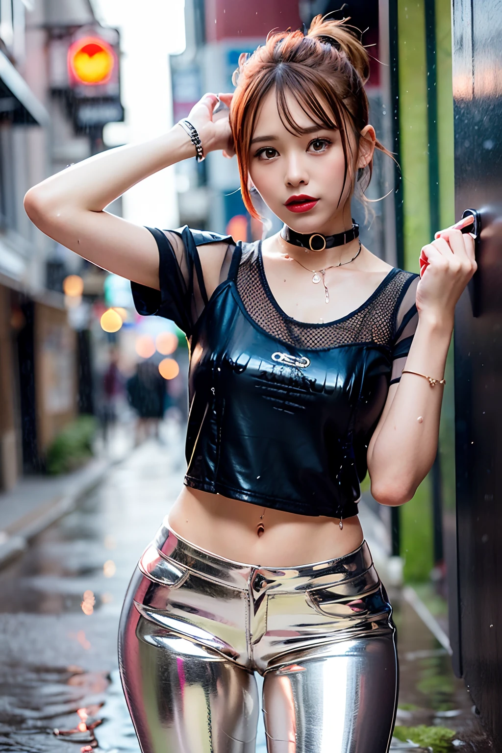 sologirl,Back alley in heavy rain,Drenched bad girl,piercings,Punk rock fashion,Punk rock shirt with chain,Punk rock pants with chain,a choker,(The whole body is soaking wet,Rainwater dripping from the face,Wet face,wetting hair,Wet and glowing skin,Soaking wet costumes,),(Shiny silver and orange hair,Short ponytail),(The composition of the princess's face,big eye,Pointed lips,red lipsticks,Cute round face,A smile that makes the viewer happy,blushing with embarrassment,red blush,),(Bold poses,(The 8k quality,masutepiece,top-quality,Ultra-high resolution output image,),intricate detailes,(Highly detailed raw photos:1.3),(Image Mode Ultra HD),
