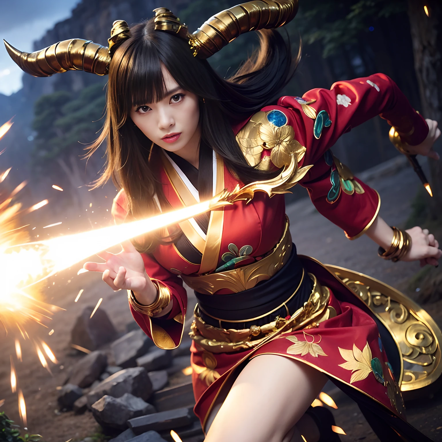 (((Fierce battle with aliens))),Professional , ​masterpiece、top-quality、photos realistic , depth of fields 、（sexypose）、(Black maple on the background of full bloom),（Ultimate Beauty）、A dark-haired、Mystical expression、（shrine background)、（Kimono with beautiful pattern）、（Night background）、Beautiful hair ornament on the head、,(intense fighting）,（（Precipitous cliffs））,(Wear a beautiful kimono),（Wear a colorful and beautiful kimono）、（Japan Castle Background）、Jewel Gold Weapon、Particles of light),(intense fighting）、Gorgeous gold weapons ,Castle background、（（ Gorgeous Dragon Sword）） , （a dark night）,,（maikurobikini） 、（（Black Haired Beautiful Girl））、（Castle background）、（demonic wings）、（（Gangle's forest background））、Beautiful Caucasian beauty、１a person、dynamic ungle,(((Two devil's horns on the head)))、Smaller head、Idle Smile、Thin and beautiful female hands、Mystical expression、Light Effects、intense fighting、Wind-effect、magic circles、With the legendary magic wand、Dragon's tail、Anatomically correct fingers、