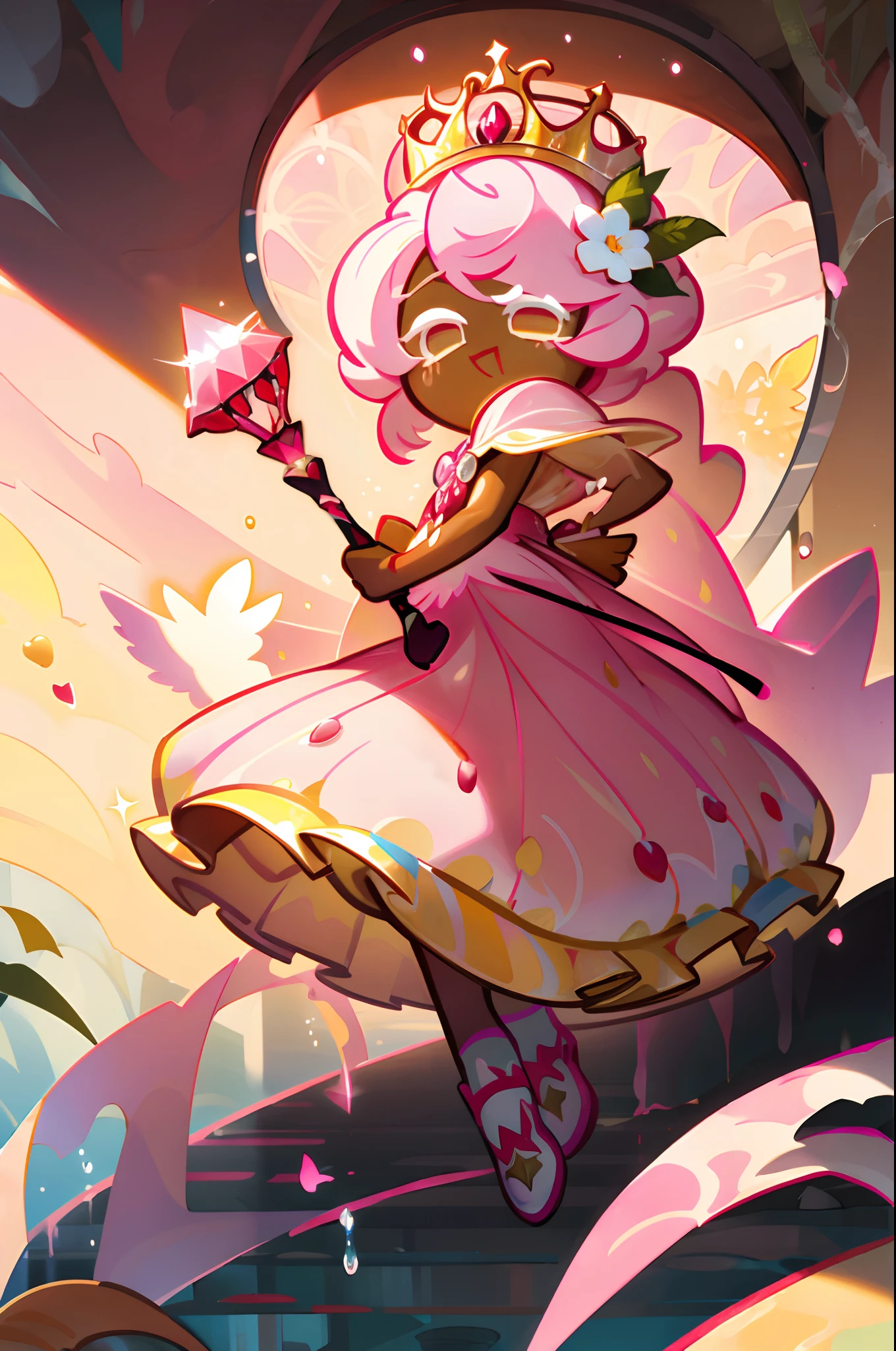 red dress, leaves, leaf crown, flowers, flower staff, transparent hair, liquid hair, white shoes, lemon staff with leaves, lemon brooch, white eyelashes, pink eyes, crown, raspberries, cookie run kingdom, pink lemonade, white dots on dress, flowers in hair, soft smile, 1girl, lemons, light pink hair, flowy hair, long hair, water droplets, dark skin, cookierun, solo, full body, (pink water hair: 1.5), holding staff, raspberries on crown, yellow crown