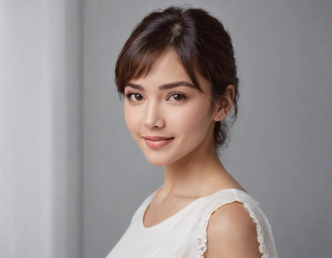 (Photo: 1.3) af (realism: 1.3), (Hispanic), Latina woman profile picture, (frontal close-up), soft light, clear face, happy, cheerful, warm light, white T-shirt, (off-white background), (blank background), (gray wall background)) avatar, (blunt bangs, younger sister's head), smile, beautiful, young, short hair, smile, (close-up)