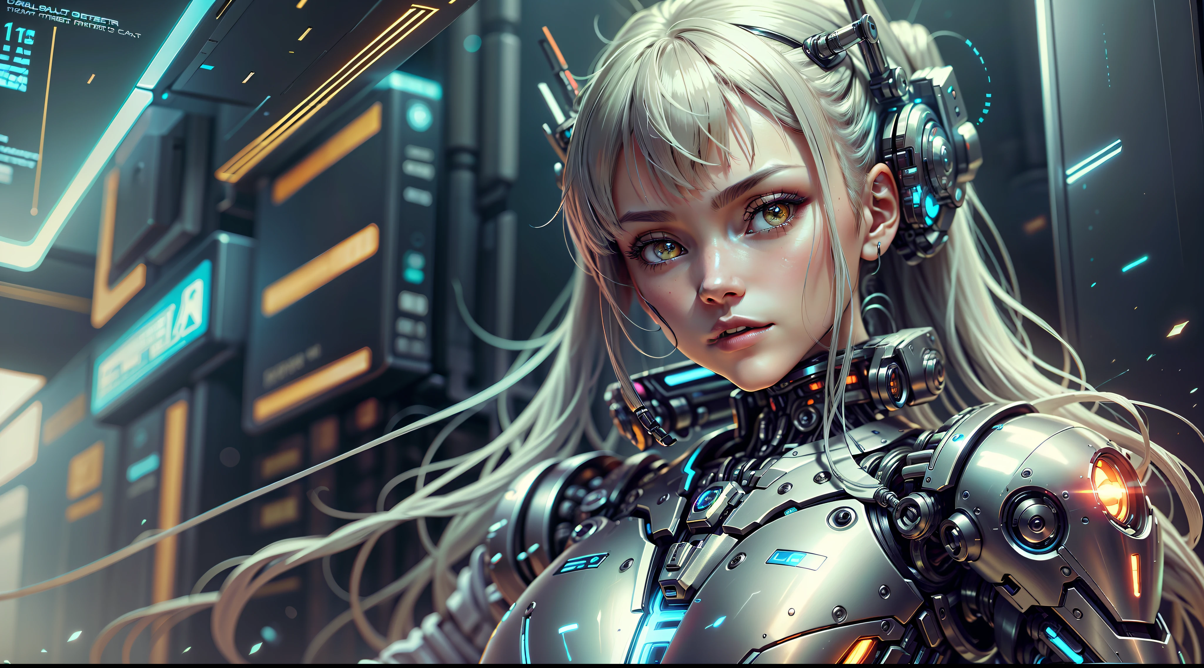top quality, masterpiece, ultrahigh resolution, ((photorealistic: 1.4), RAW photo, 1 cyberpunk android Chica, shiny skin, (Ultra realistic details)), mechanical limbs, Tubes connected to mechanical parts, Mechanical vertebrae attached to the spine, mechanical cervical attachment to the neck, Wires and cables that connect to the head, evangelion, ((Ghost in the shell)), small bright LED lamps, global ilumination, deep shadows, Octane rendering, 8k, ultra Sharp, metal, Intricate ornamental details, baroque details, Very intricate details, Realistic light, CGSoation tendencia, in front of camera, neon details, (Android factory in the background), art by H.r. Giger and Alphonse Mucha.white hair