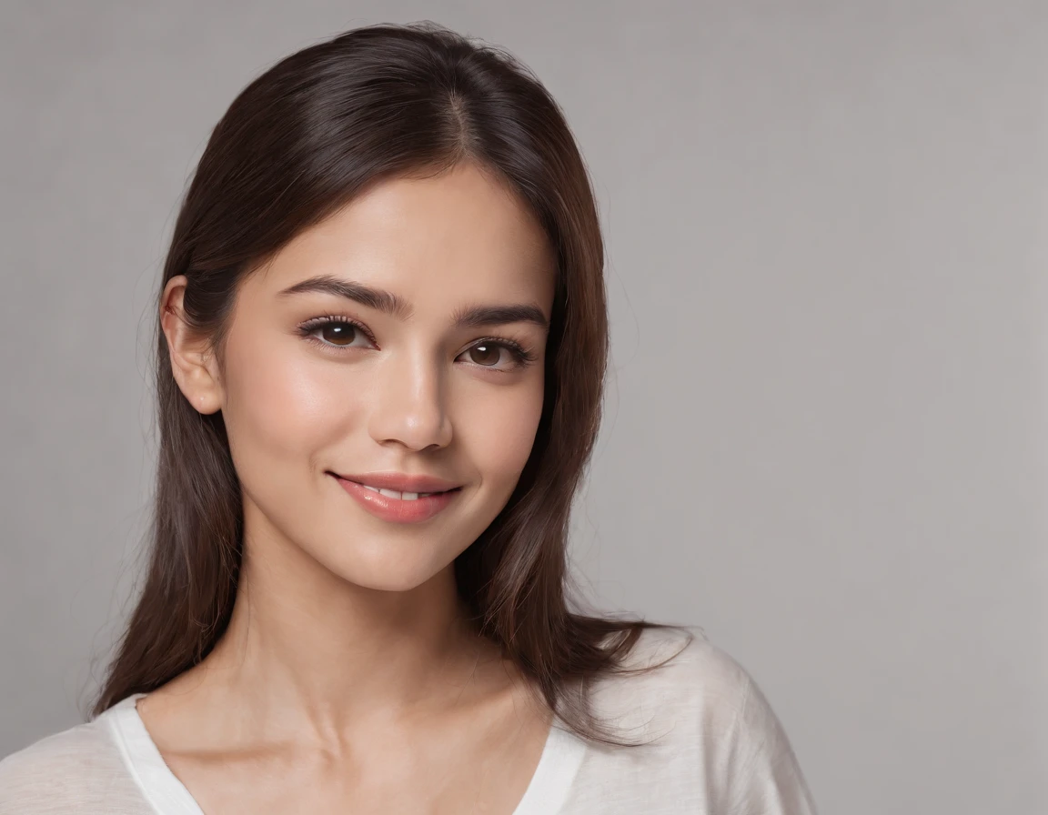 (Photo: 1.3) af (realism: 1.3), (Hispanic), Latina woman profile picture, (frontal close-up), soft light, clear face, happy, cheerful, warm light, white T-shirt, (off-white background), (blank background), (gray wall background)) avatar, (blunt bangs, younger sister's head), smile, beautiful, young, short hair, smile, (close-up)